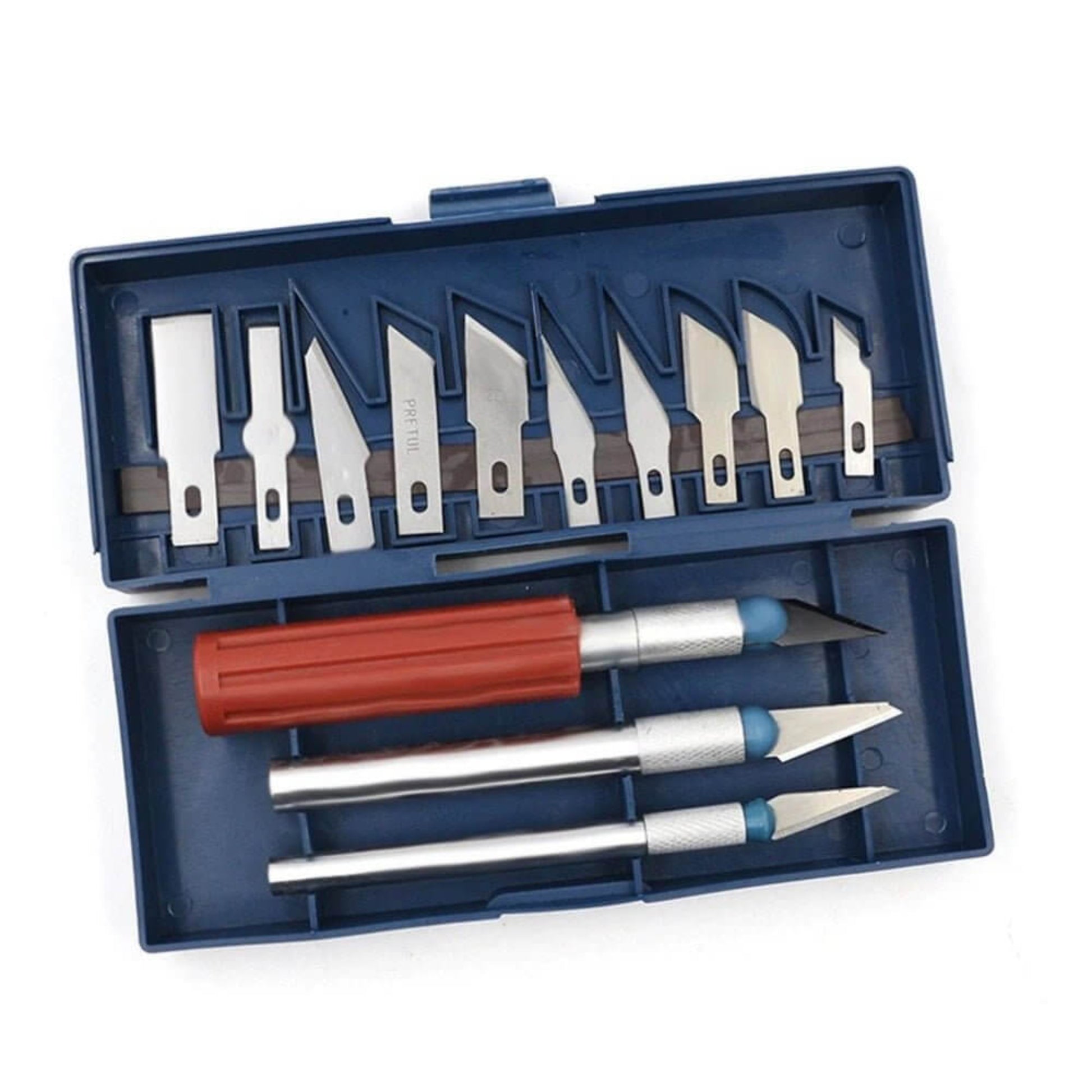 13-piece precision knife set in a blue storage case, displaying handles and diverse hobby blades.