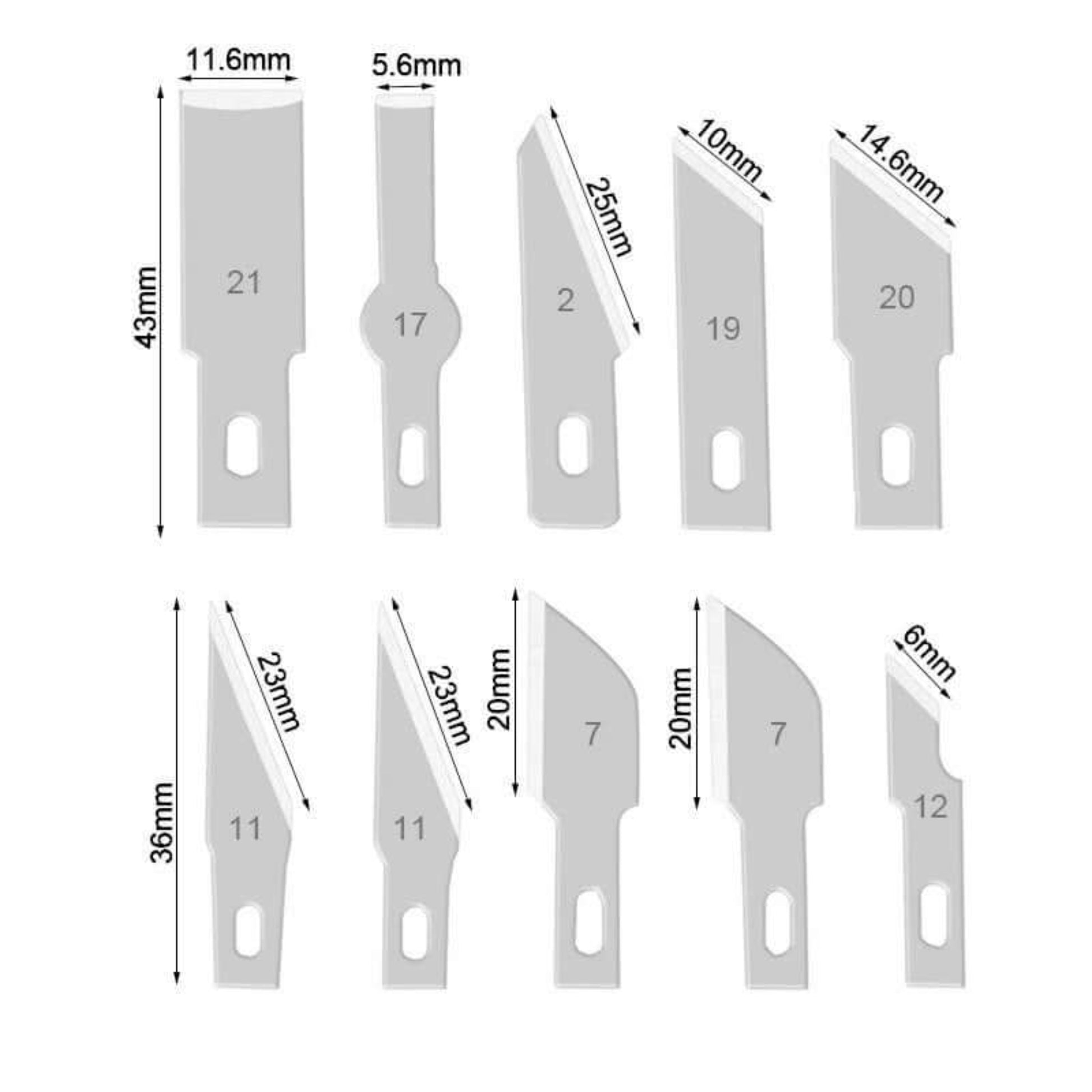 Diagram showing detailed dimensions of various precision knife blades included in the 13pc set.