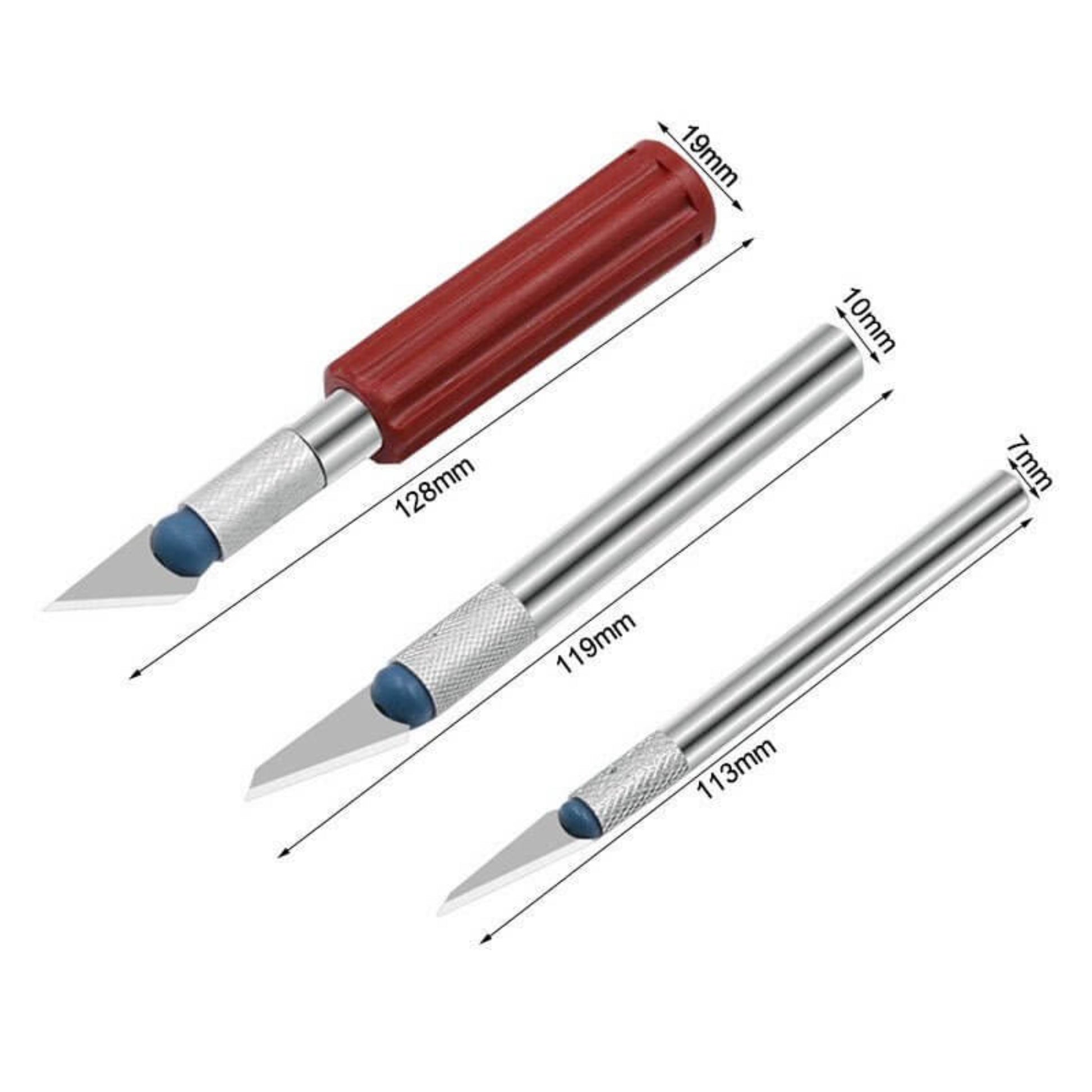 Diagram detailing the lengths and widths of the three precision knife handles in the 13pc set.