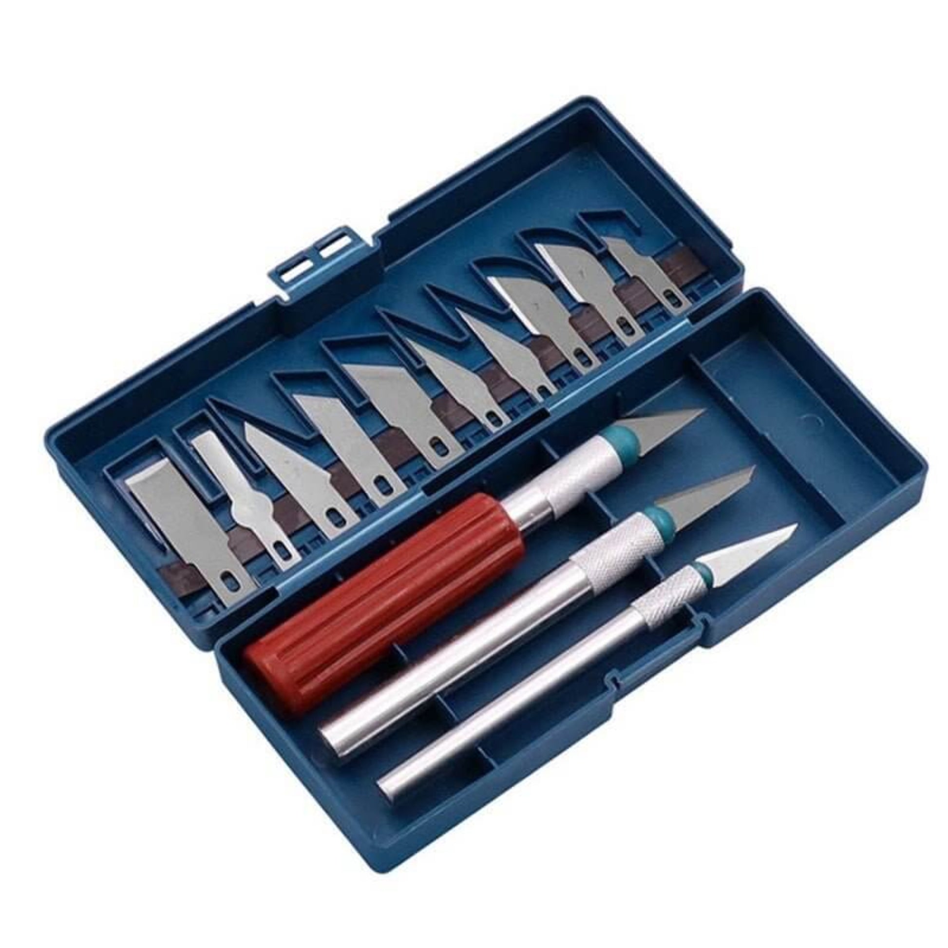 Open case of a 13pc precision knife set showing handles and various sharp blades for hobbyists.