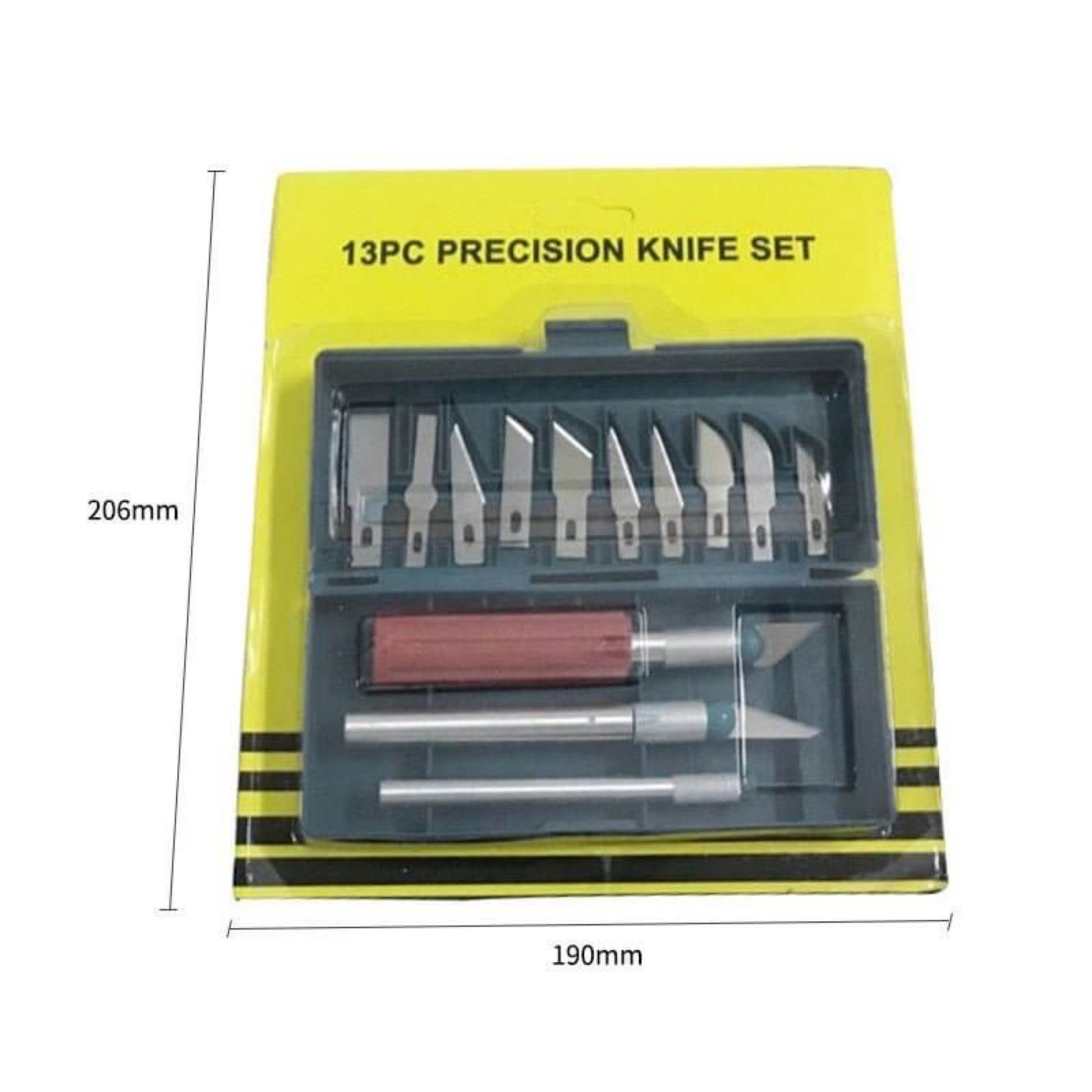 Packaging of the 13pc precision knife set with overall dimensions (206mm x 190mm) for storage.