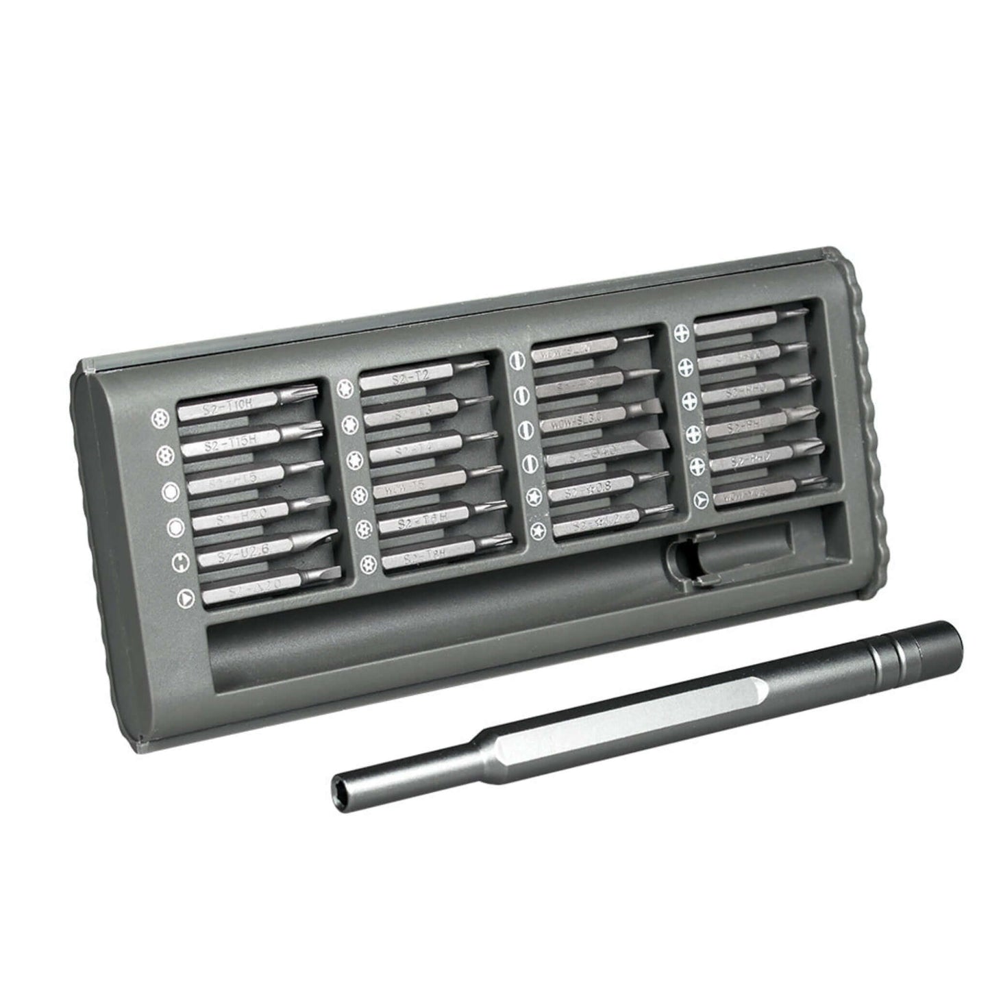 24-in-1 Precision Magnetic Screwdriver Set with aluminum handle and multiple bits for electronics repair.