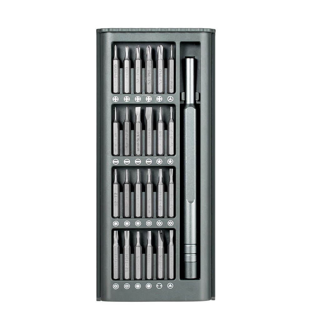 24-in-1 Precision Magnetic Screwdriver Set with aluminum handle and various bits for electronics repair.