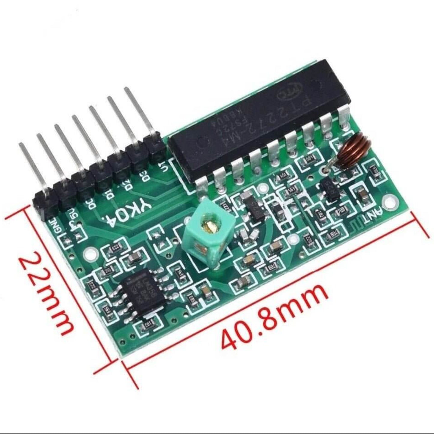 PT2272-M4 ASK Decoding 4-channel non-latching receiver board with dimensions, ideal for Arduino and electronic DIY.