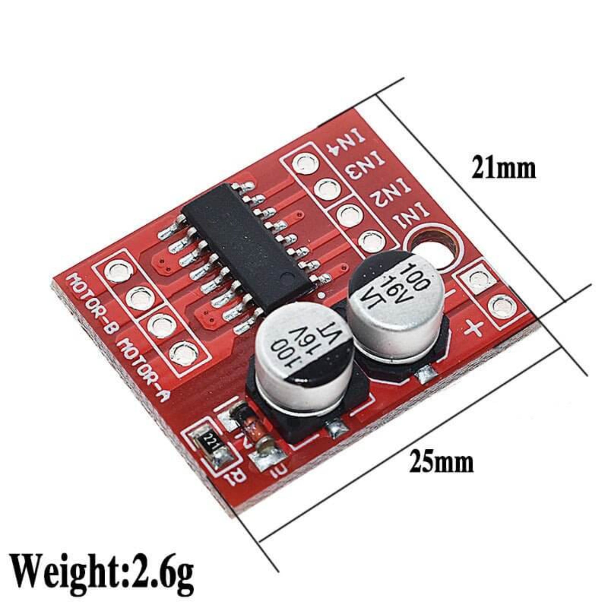 PWM DC Motor Drive Module L298N with dual H bridge, ideal for robots and toy cars, compact size 25mm x 21mm.