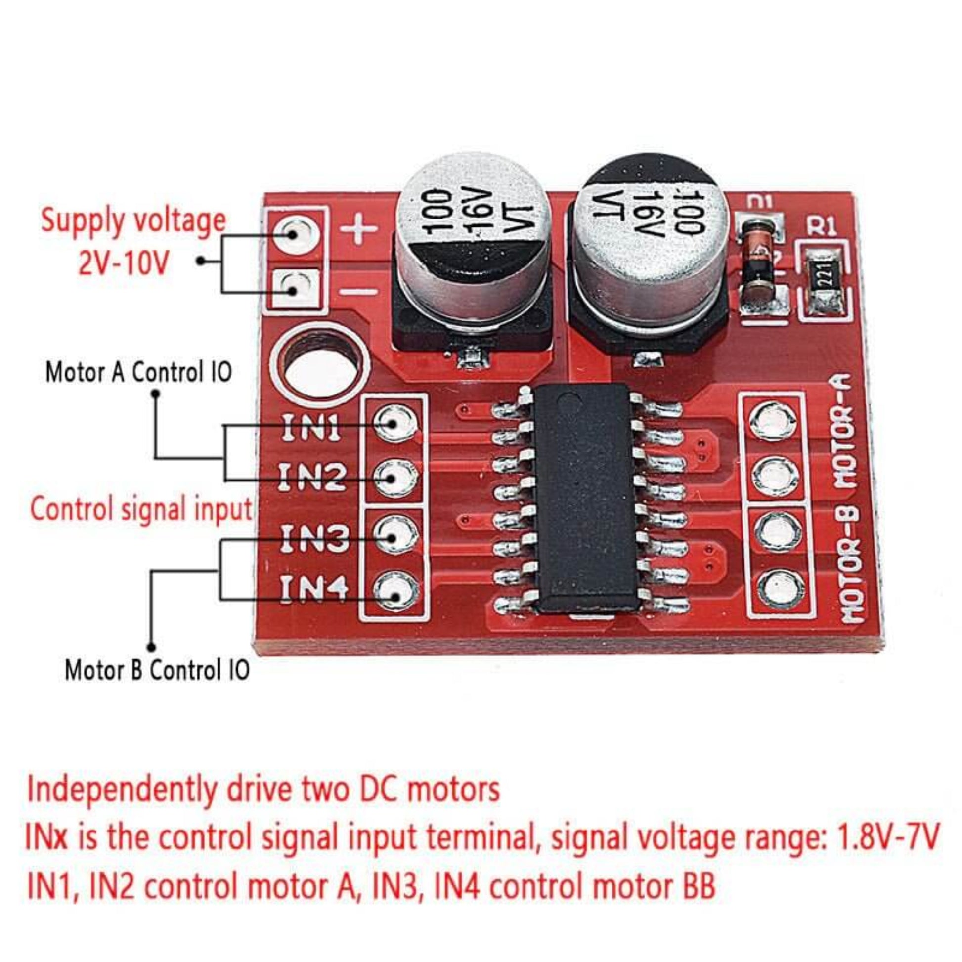 PWM DC Motor Drive Module for controlling two DC motors with 2V-10V voltage range, features input terminals for motor control.