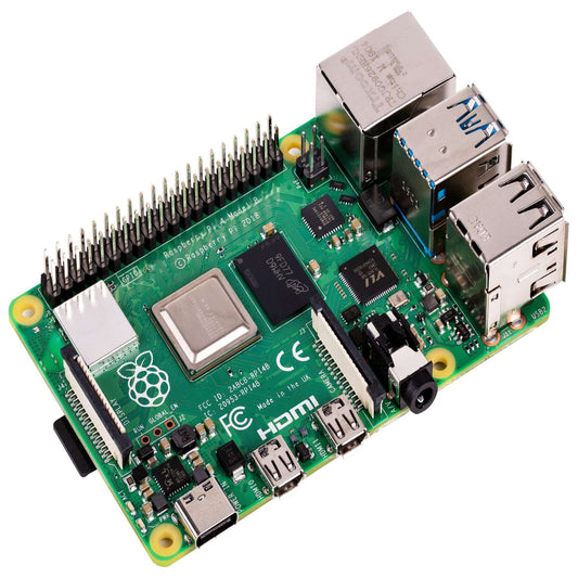 Raspberry Pi 4 Model B mini computer with dual-HDMI ports and USB interfaces, featuring a quad-core processor.