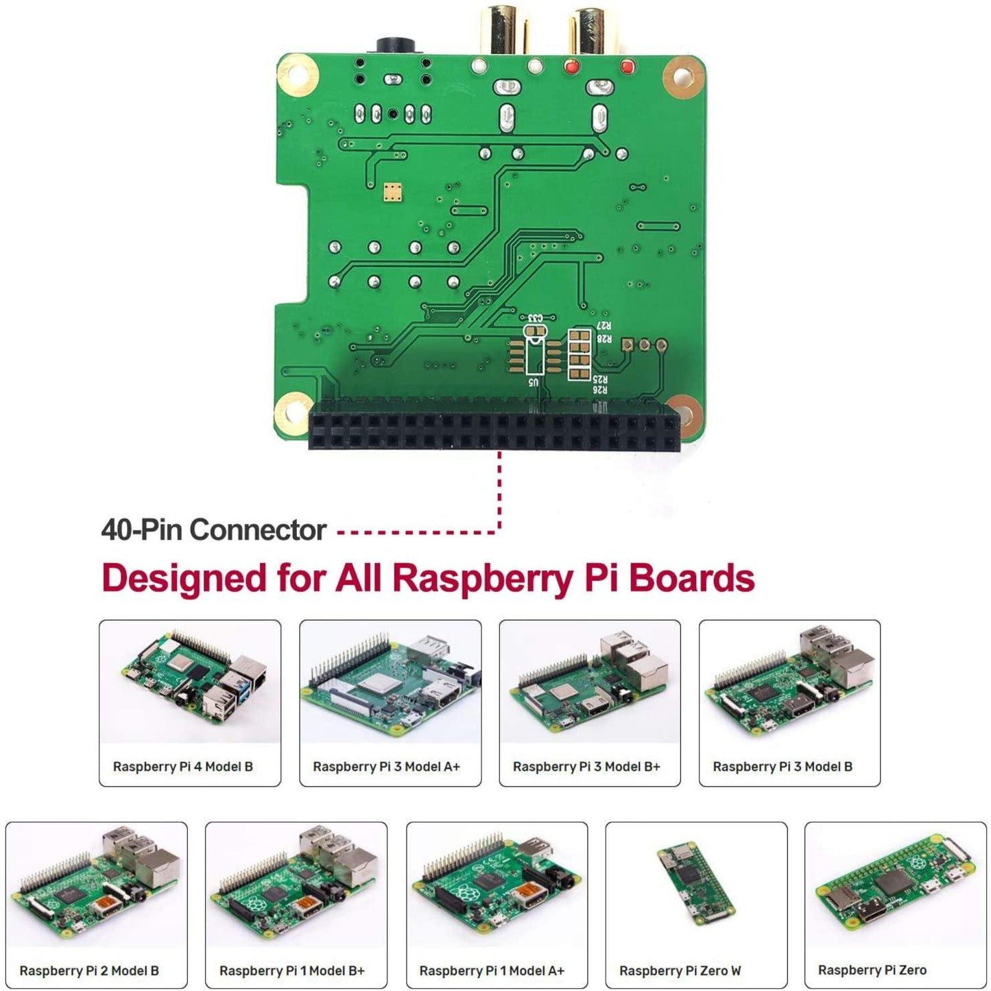 Raspberry Pi HiFi DAC Hat with 40-pin connector, compatible with all Raspberry Pi models including 4, 3B, and Zero.