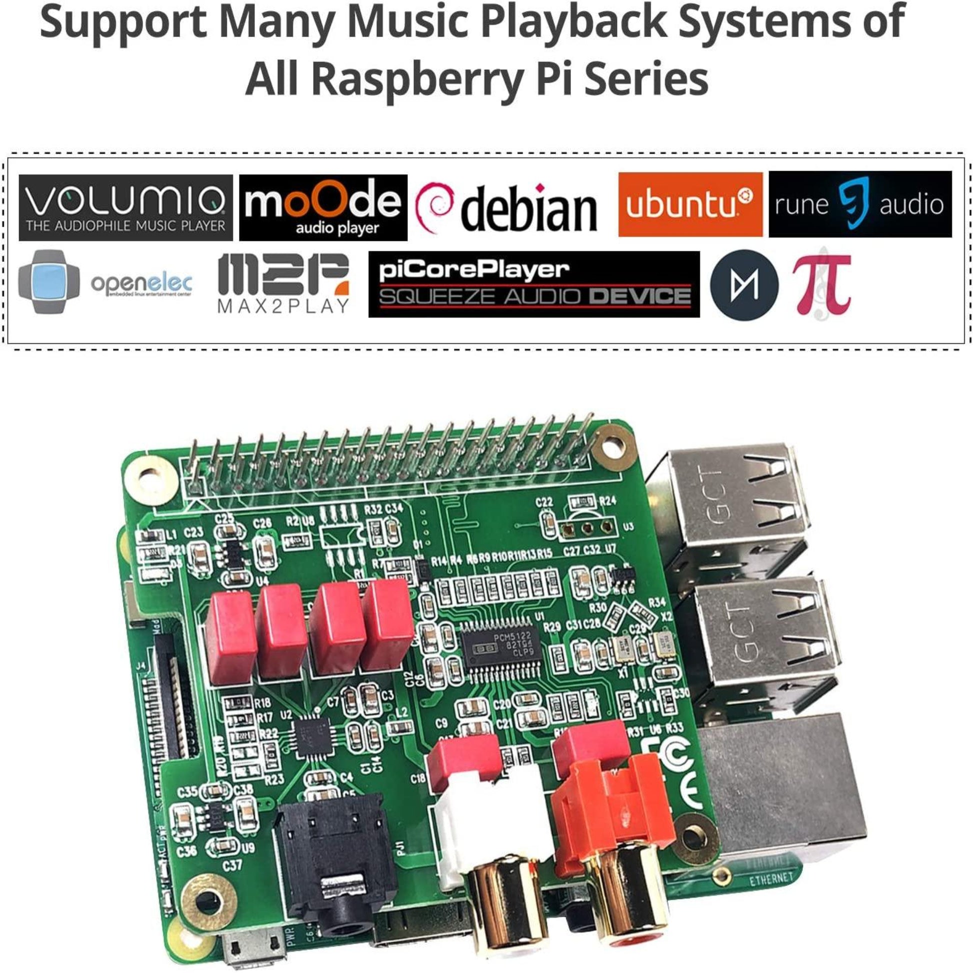 Raspberry Pi HiFi DAC expansion board supporting multiple music playback systems for enhanced audio quality.