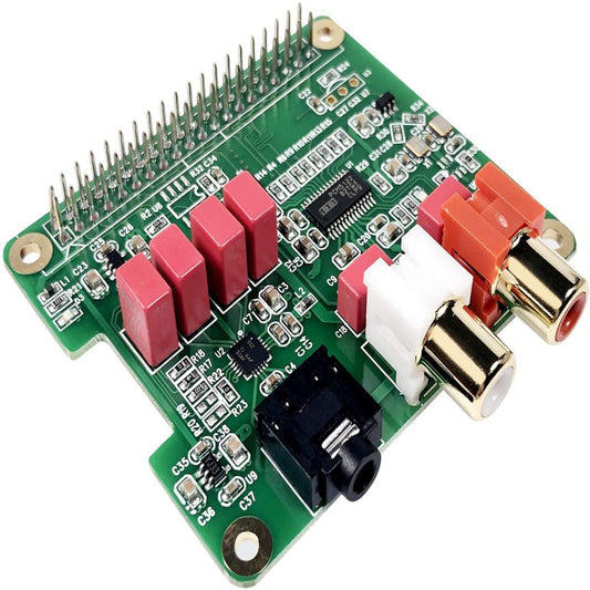 Raspberry Pi HiFi DAC expansion board featuring PCM5122 audio card, RCA outputs, and easy connection for enhanced sound.