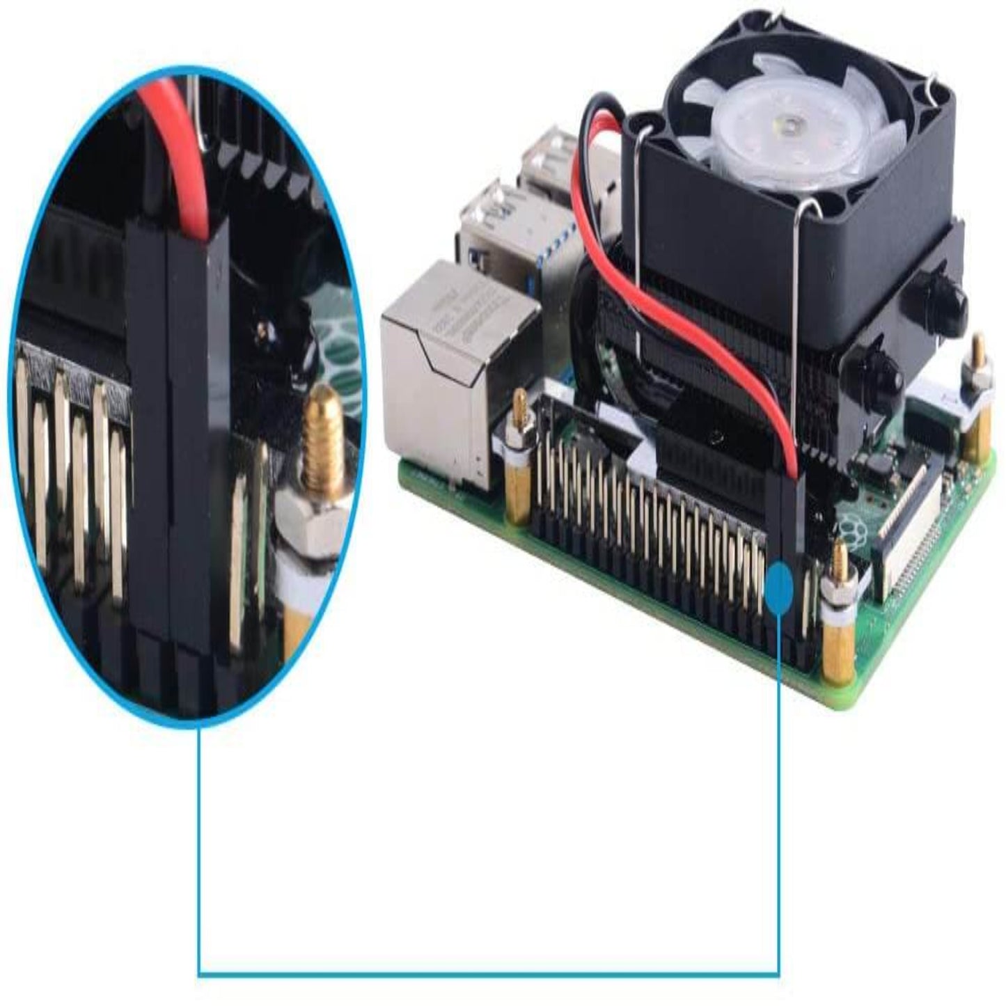 Close-up of the ICE Tower Cooler's 2-pin connector attached to the Raspberry Pi GPIO pins.