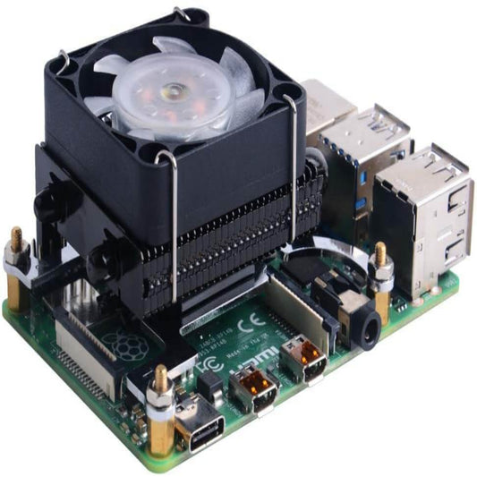 ICE Tower Cooler with black heatsink and fan installed on a Raspberry Pi 4B.