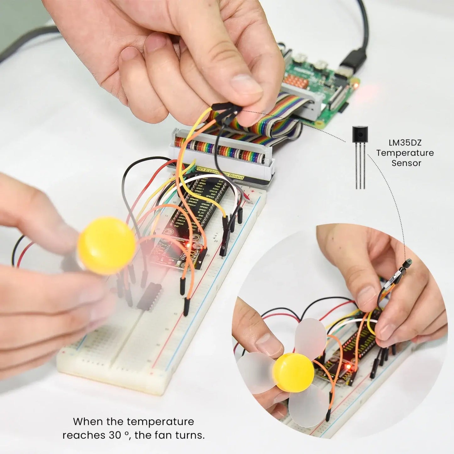 Demonstration of a temperature-controlled fan project using the LM35DZ sensor from the Raspberry Pi starter kit.