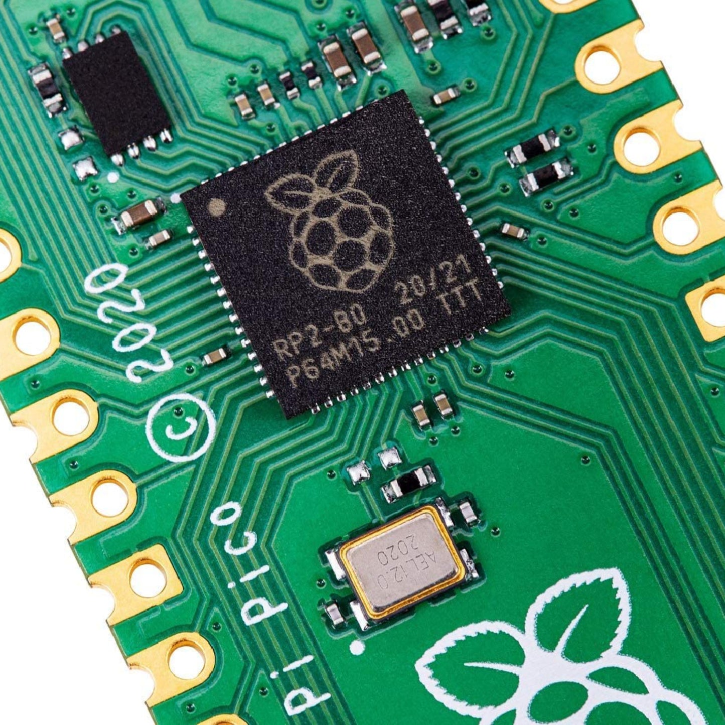 Close-up of Raspberry Pi Pico microcontroller PCB showing RP2040 chip and circuit details.