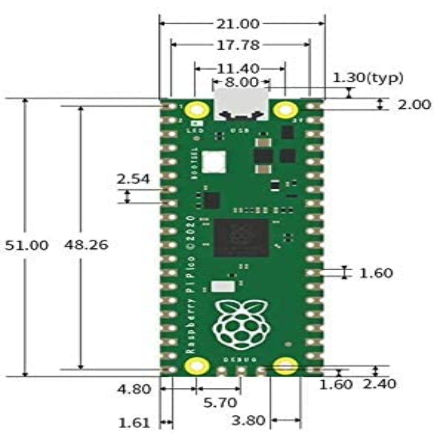 Raspberry Pi Pico RP2040 microcontroller board outline dimensions illustration.