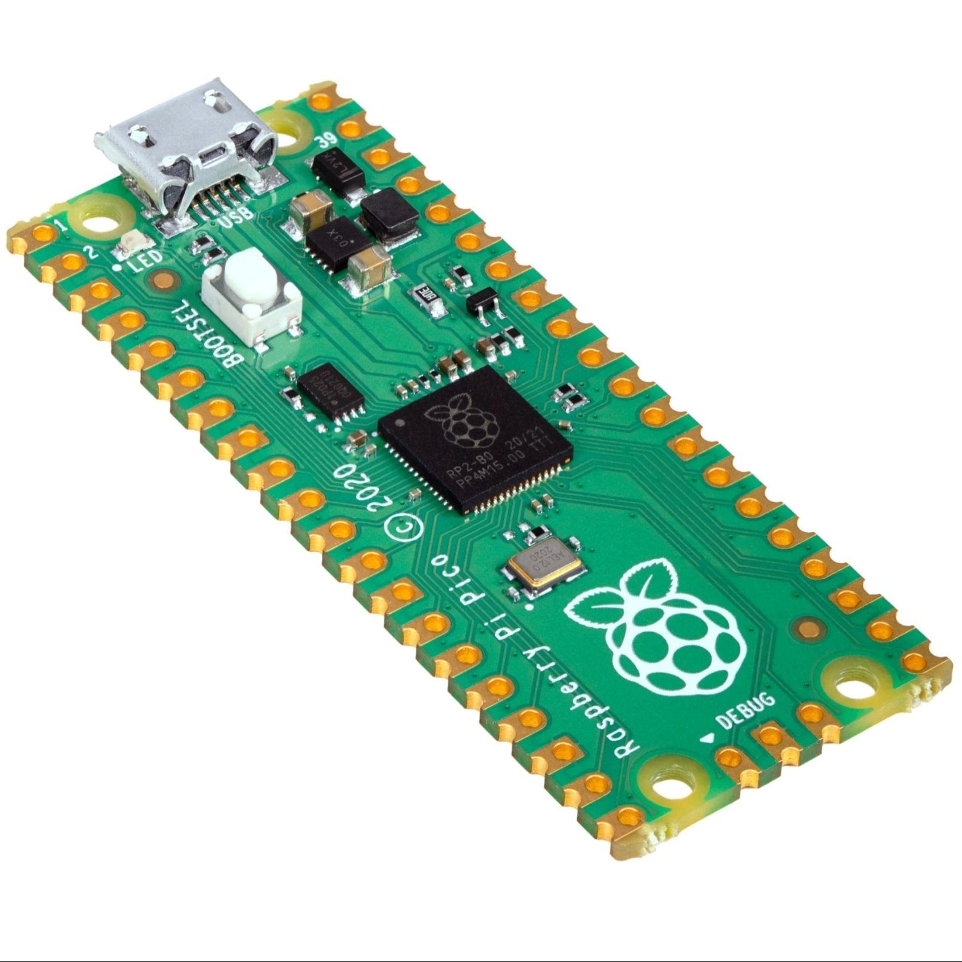 Raspberry Pi Pico RP2040 microcontroller board with dual-core, 133 MHz processor for embedded and IoT projects.