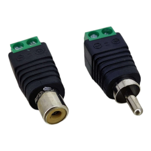 RCA Male and Female Connector Adapter for CCTV audio video installations, featuring screw terminal design.