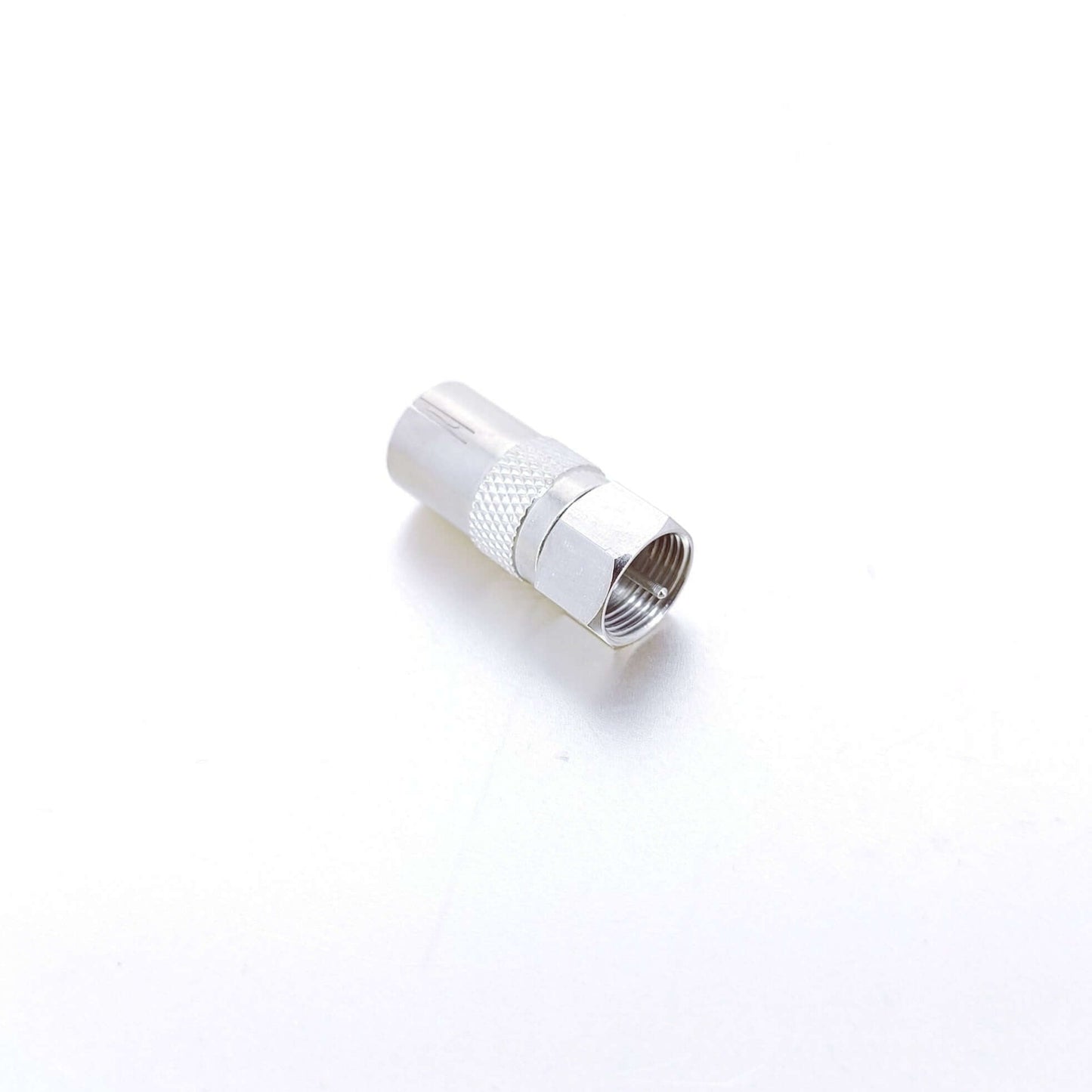RF Female to F-Type Male Coax Adapter, silver connector for TV and satellite cable compatibility.