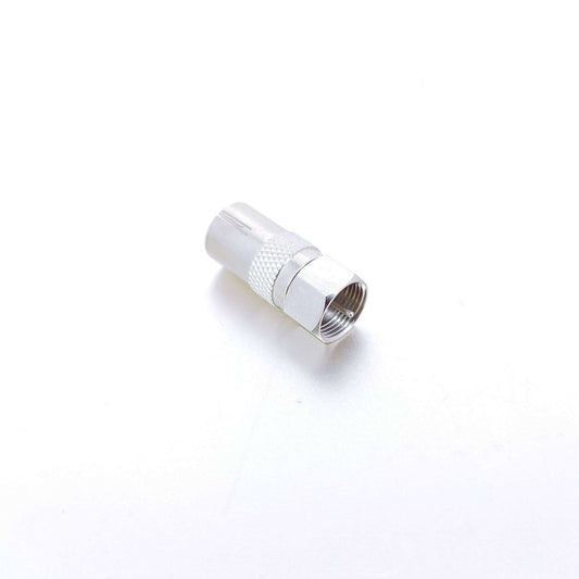 RF Female to F-Type Male Coax Adapter, silver connector for TV and satellite cable compatibility.