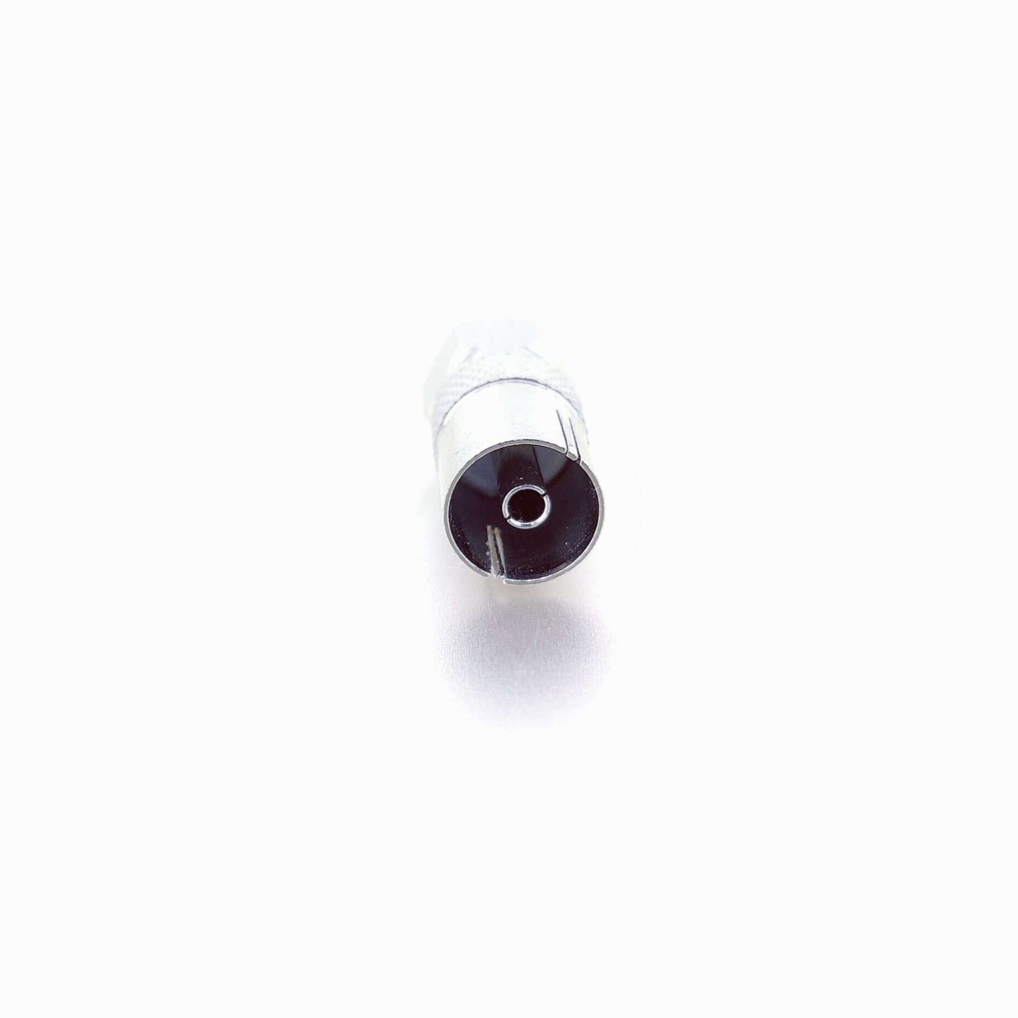 RF Female to F-Type Male Coax Adapter, designed for connecting coaxial cables for TV and satellite systems.