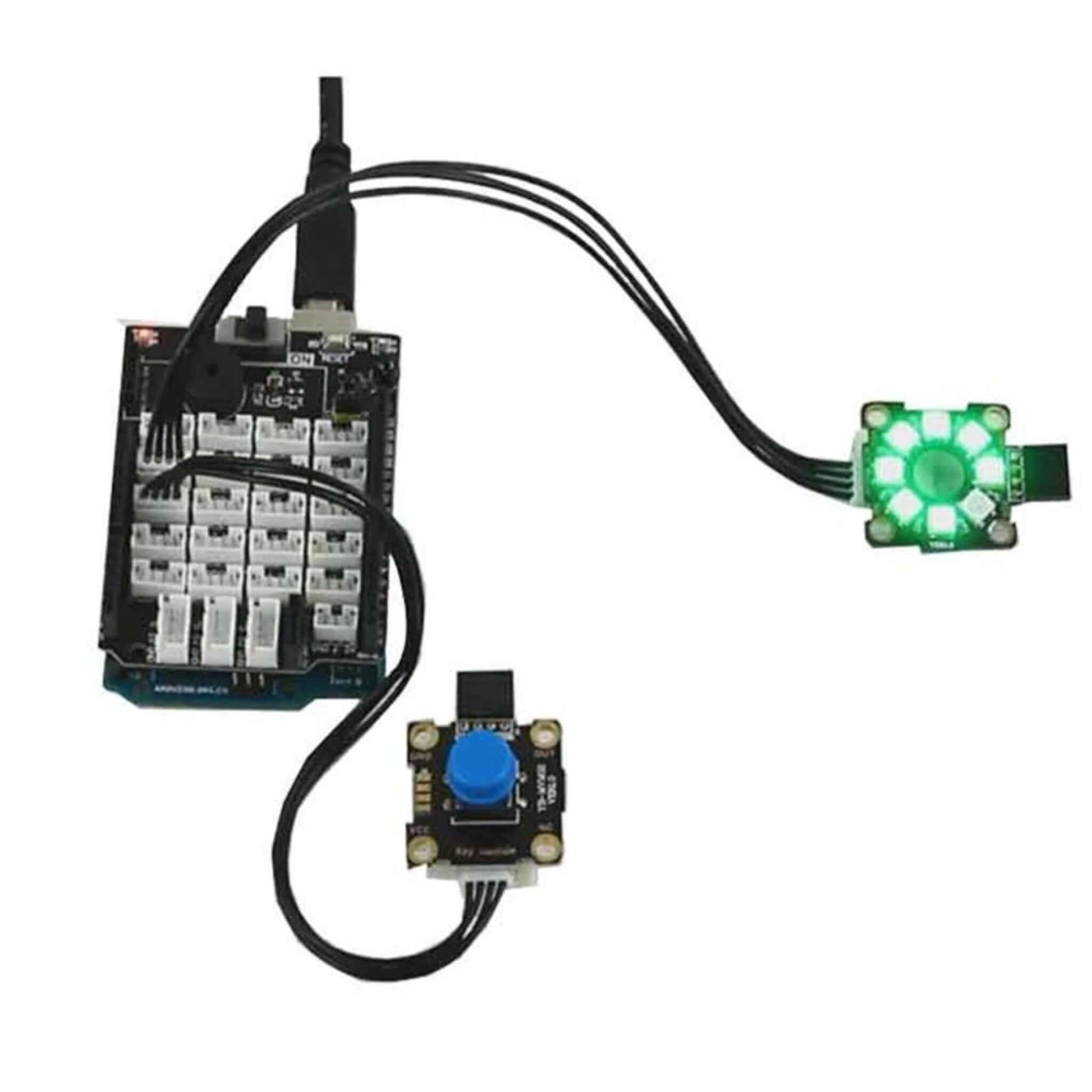 Micro:bit RGB LED Module connected to a control board and button, showcasing programmable RGB lights.