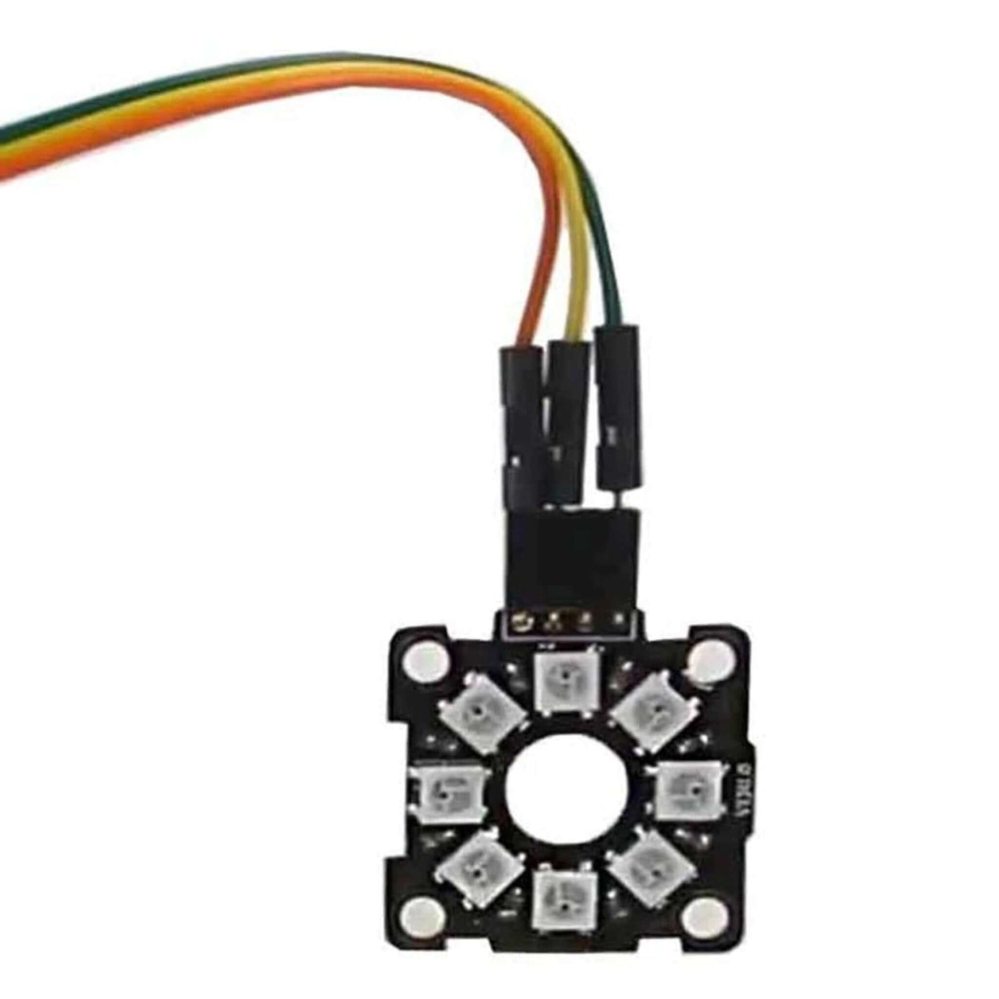 Micro:bit RGB LED module featuring 8 programmable RGB lights and connected wires for electronics projects.