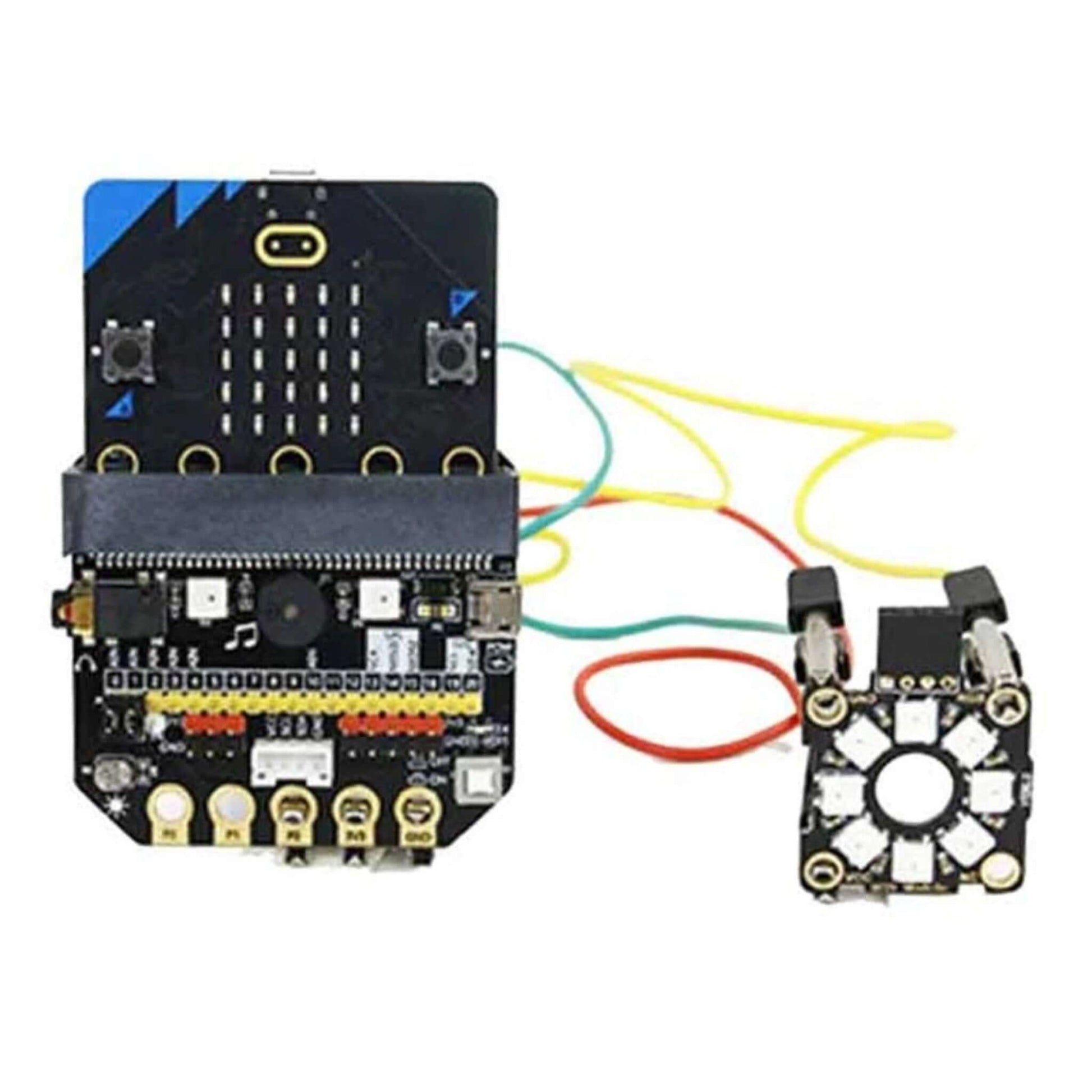 Micro:bit RGB LED module with programmable lights and connection wires for electronic projects.