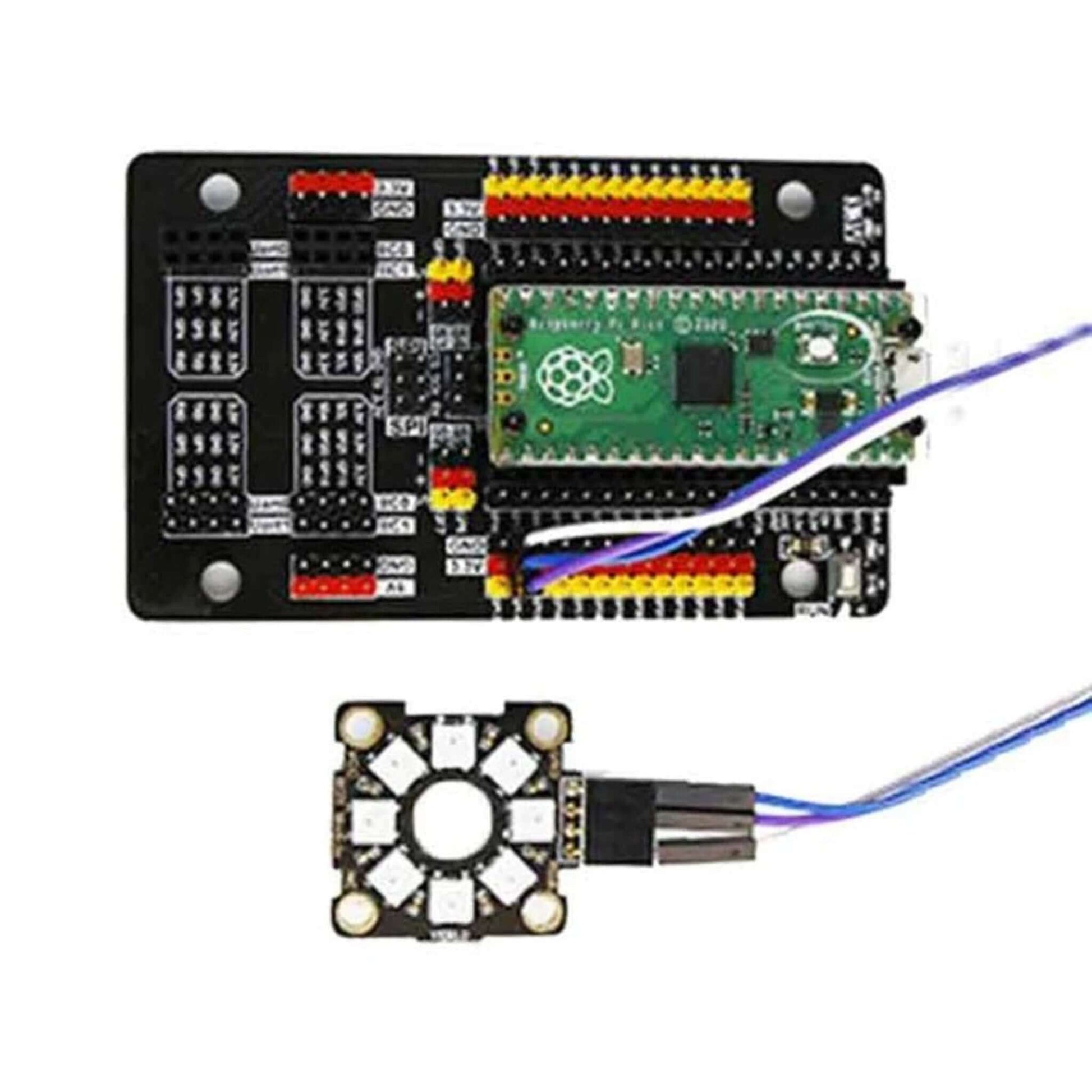 Micro:bit RGB LED module with 8 programmable RGB lights and Raspberry Pi Pico board for electronic projects.