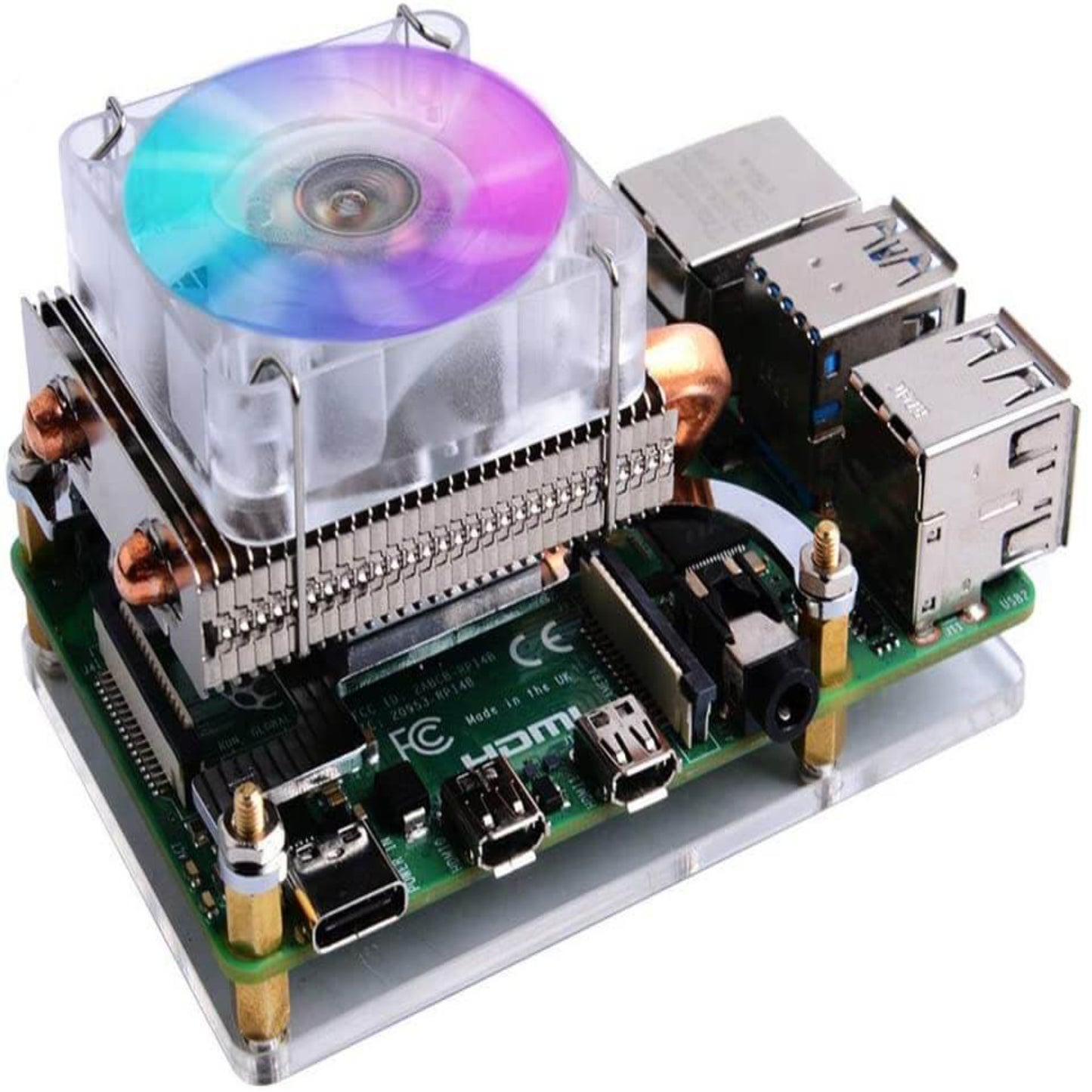 RGB ICE Tower Cooler with multi-color LED fan illuminated on a Raspberry Pi mounted on an acrylic plate.