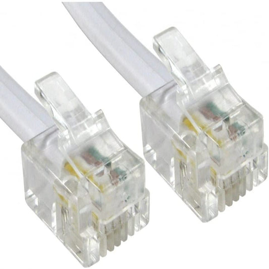 Clear RJ11 connectors on a telephone extension cable for stable phone and modem connections.