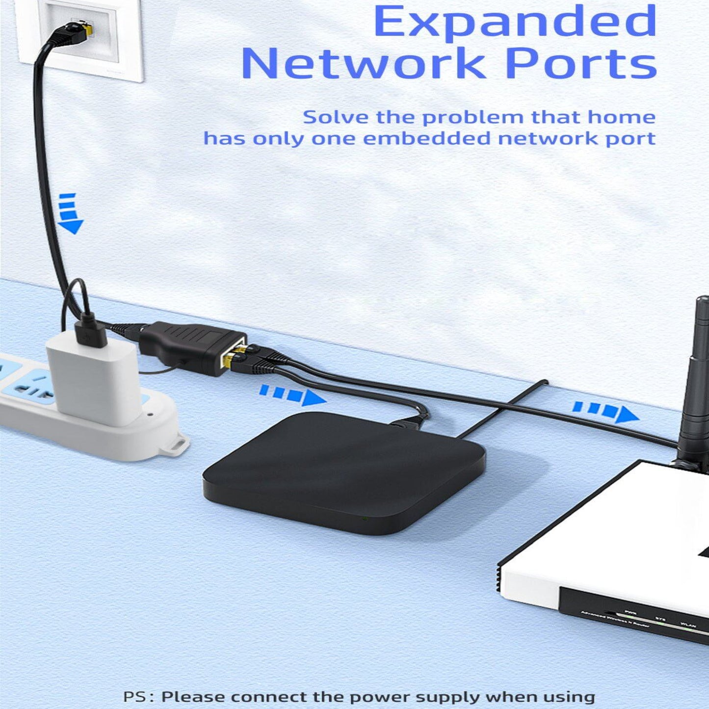 Application diagram showing the RJ45 splitter expanding one network port to connect a router and TV box simultaneously.