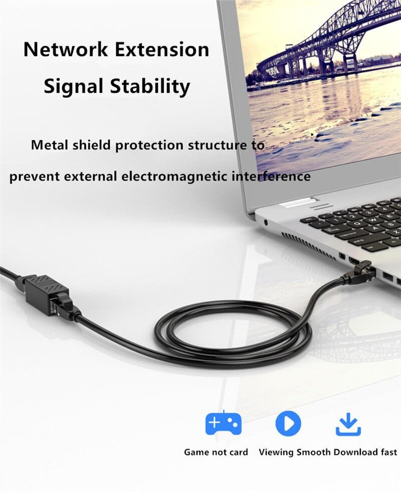 RJ45 connector for network extension, featuring metal shield protection for signal stability and electromagnetic interference prevention.