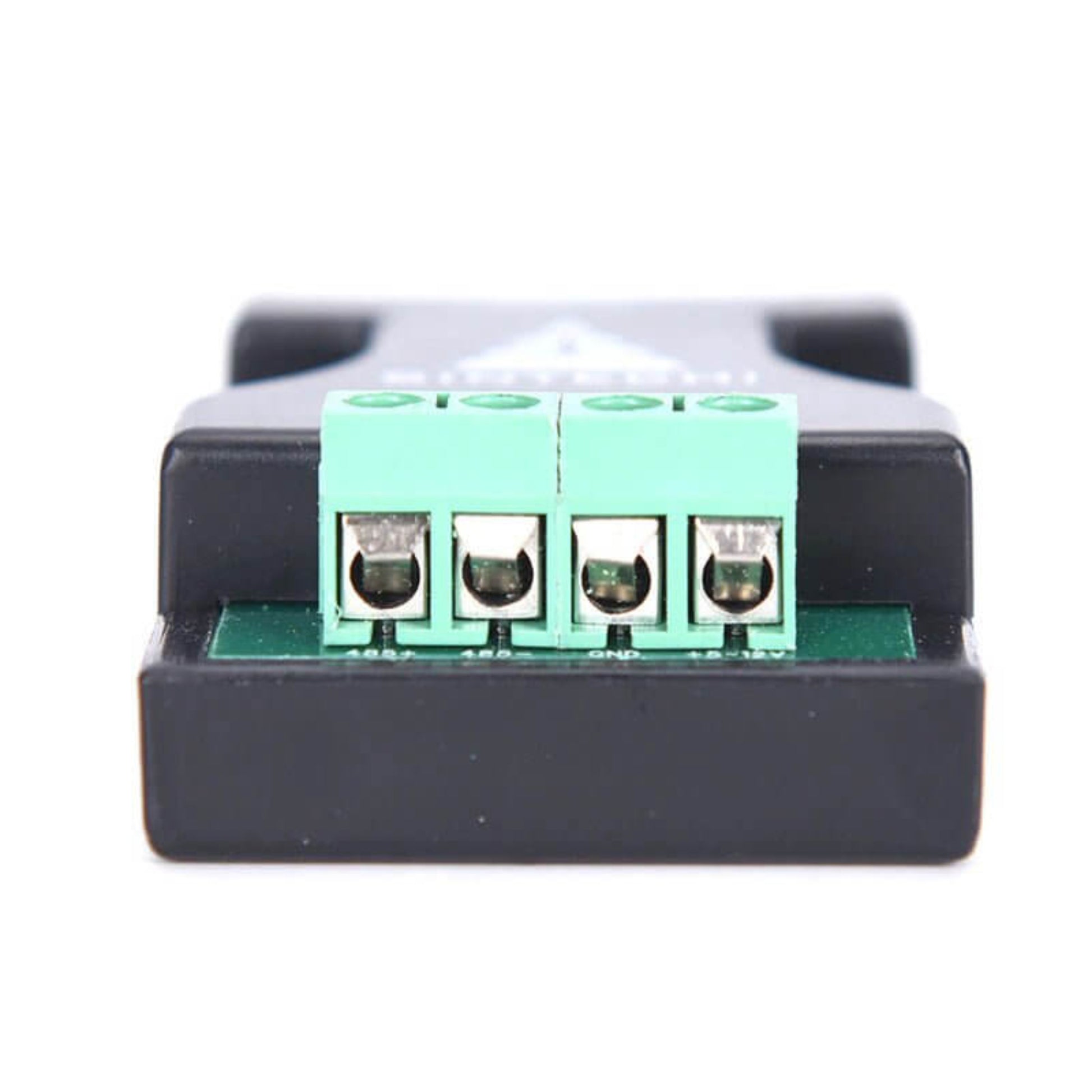 Close-up of the green 4-pin terminal block on the RS232 to RS485 converter.