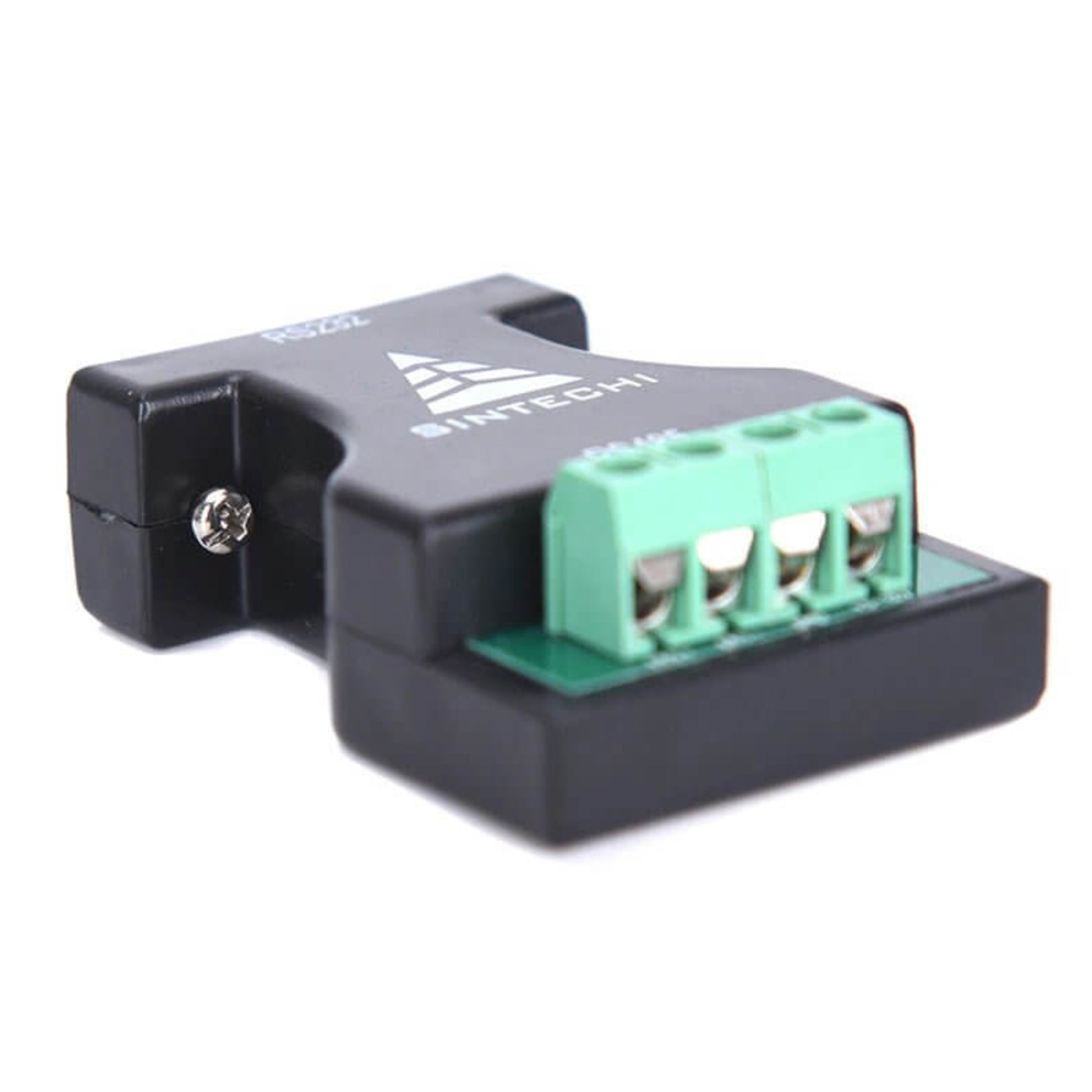 A black RS232 to RS485 converter shown at an angle, highlighting the green terminal block and overall design.