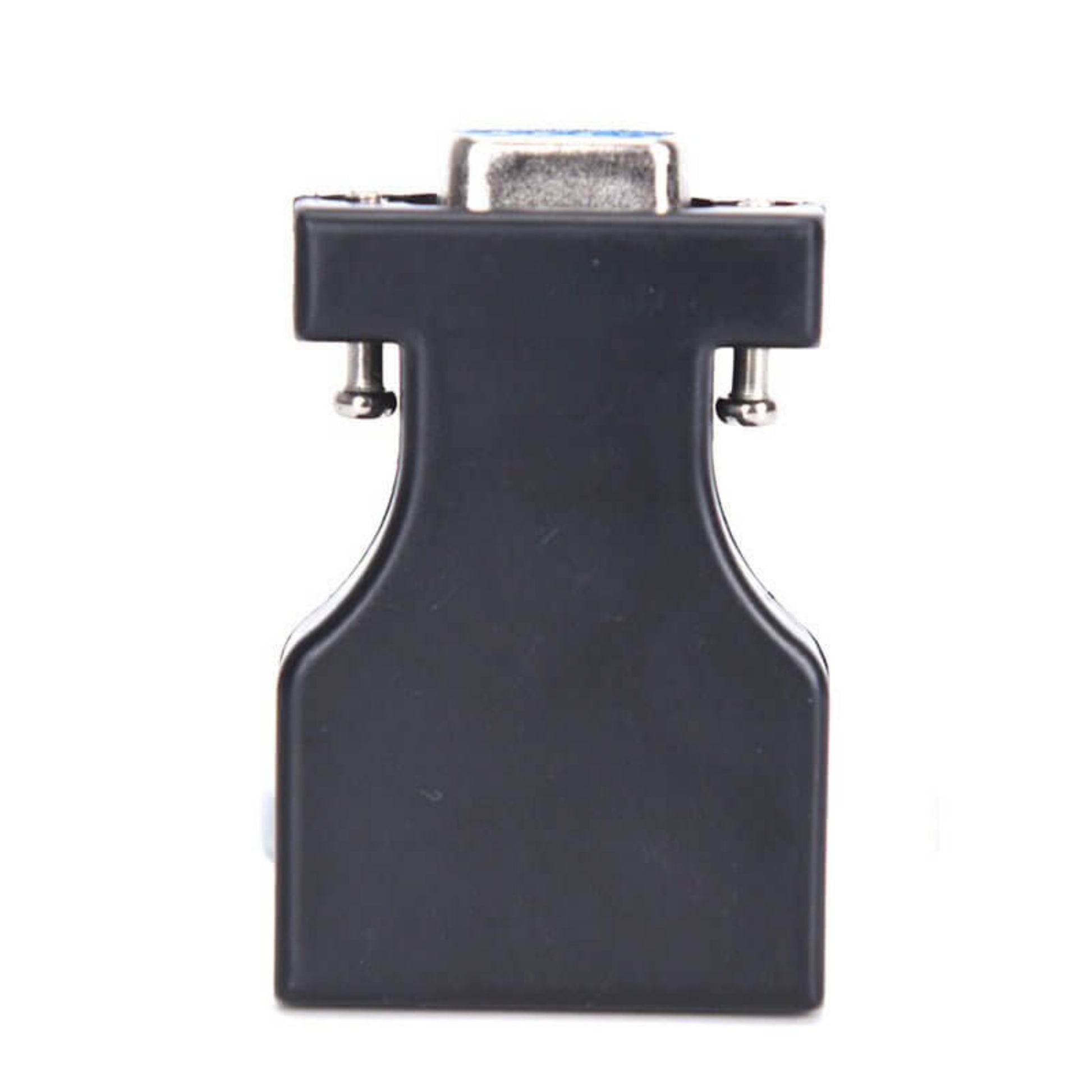 The back of a black RS232 to RS485 serial adapter, showing the casing and screw posts.