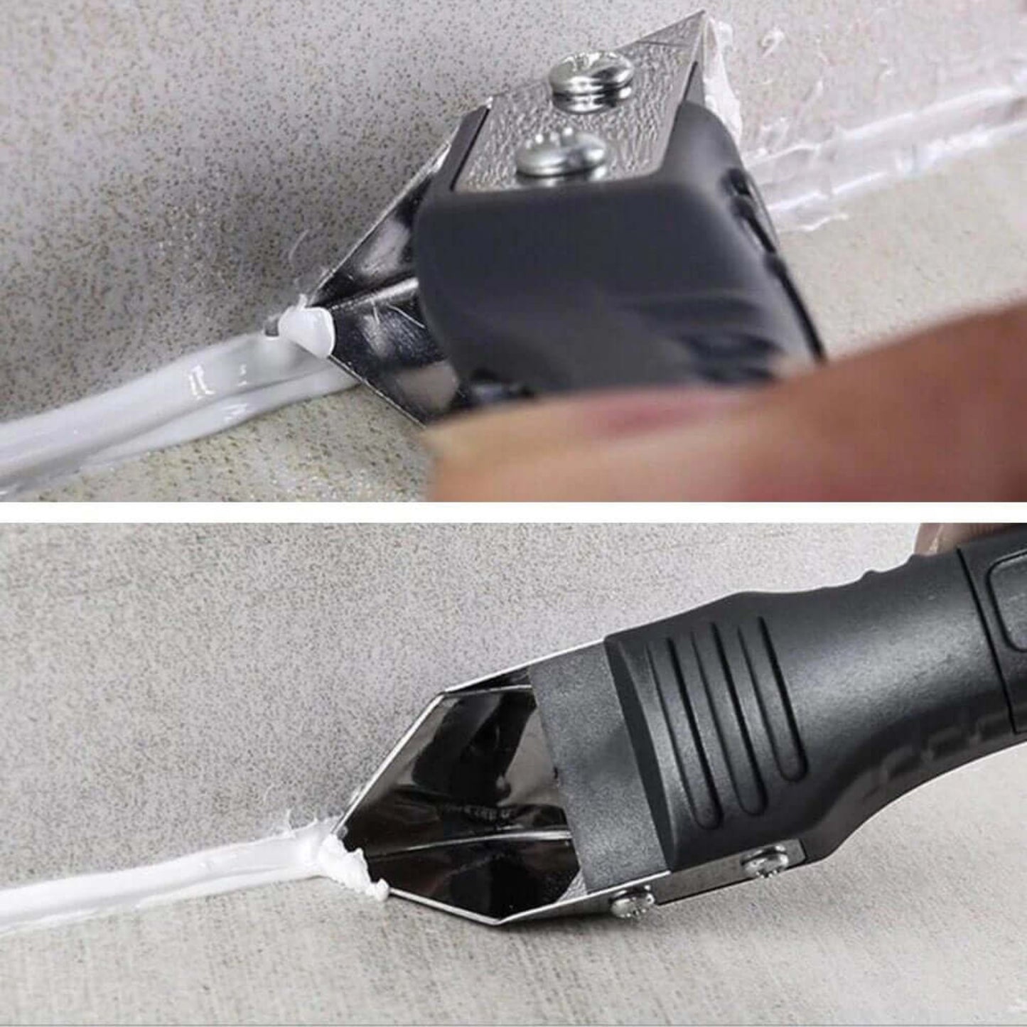 Close-up of a 3 in 1 rubber silicone remover tool scraping caulk and sealant for a clean finish.