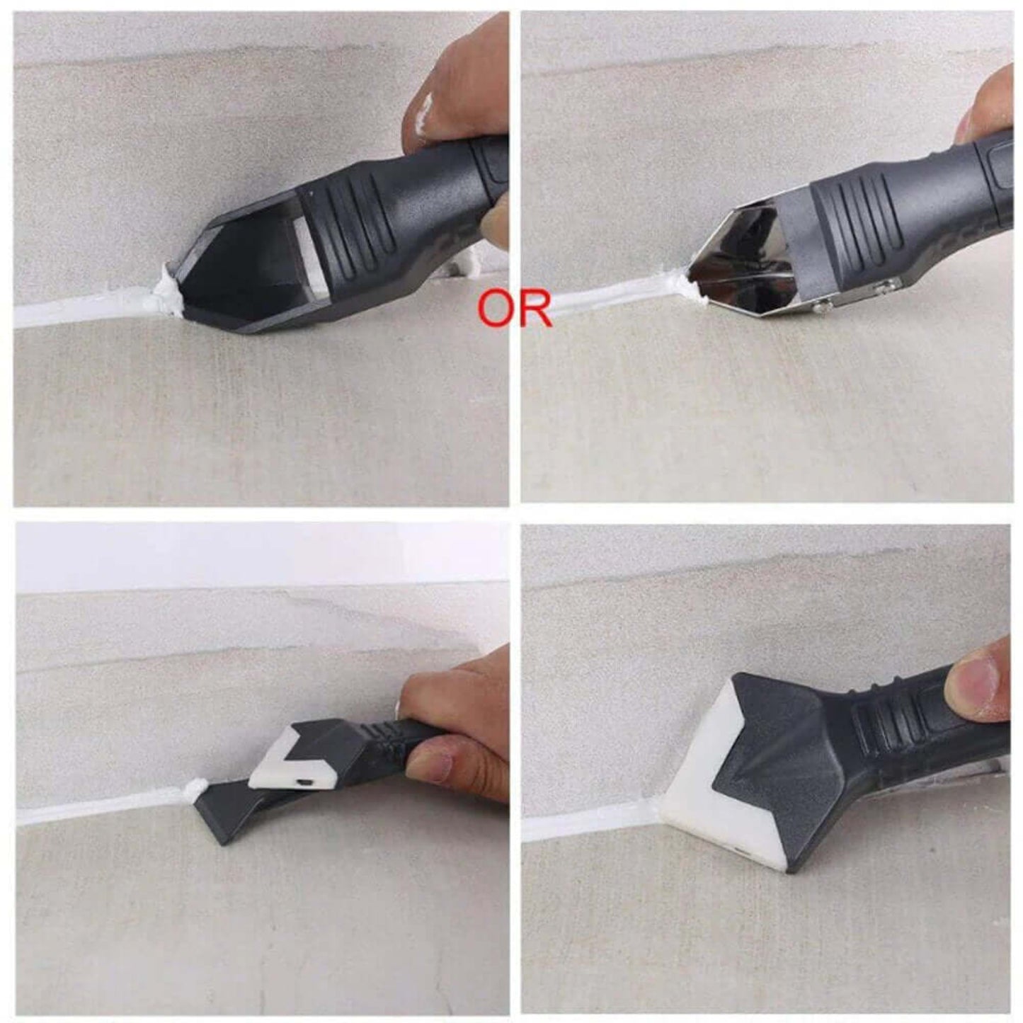 3 in 1 rubber silicone sealant remover set demonstrated in use on grout and caulking, showcasing interchangeable pads.