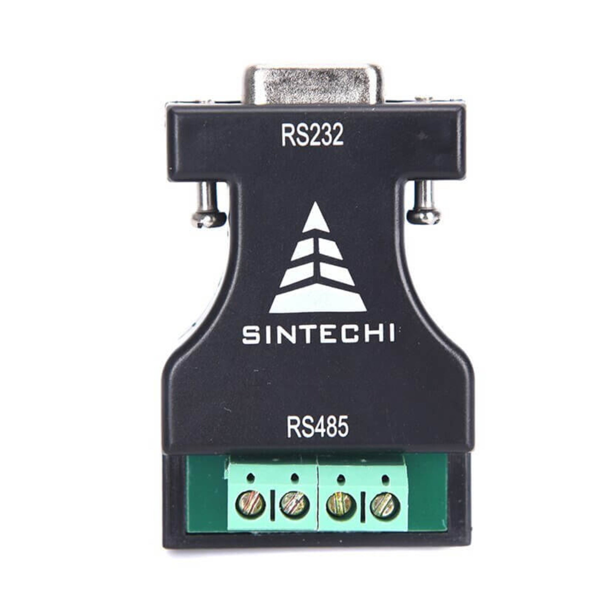 Front view of a Sintechi RS232 to RS485 interface converter with a DB9 connector and a 4-pin terminal block.