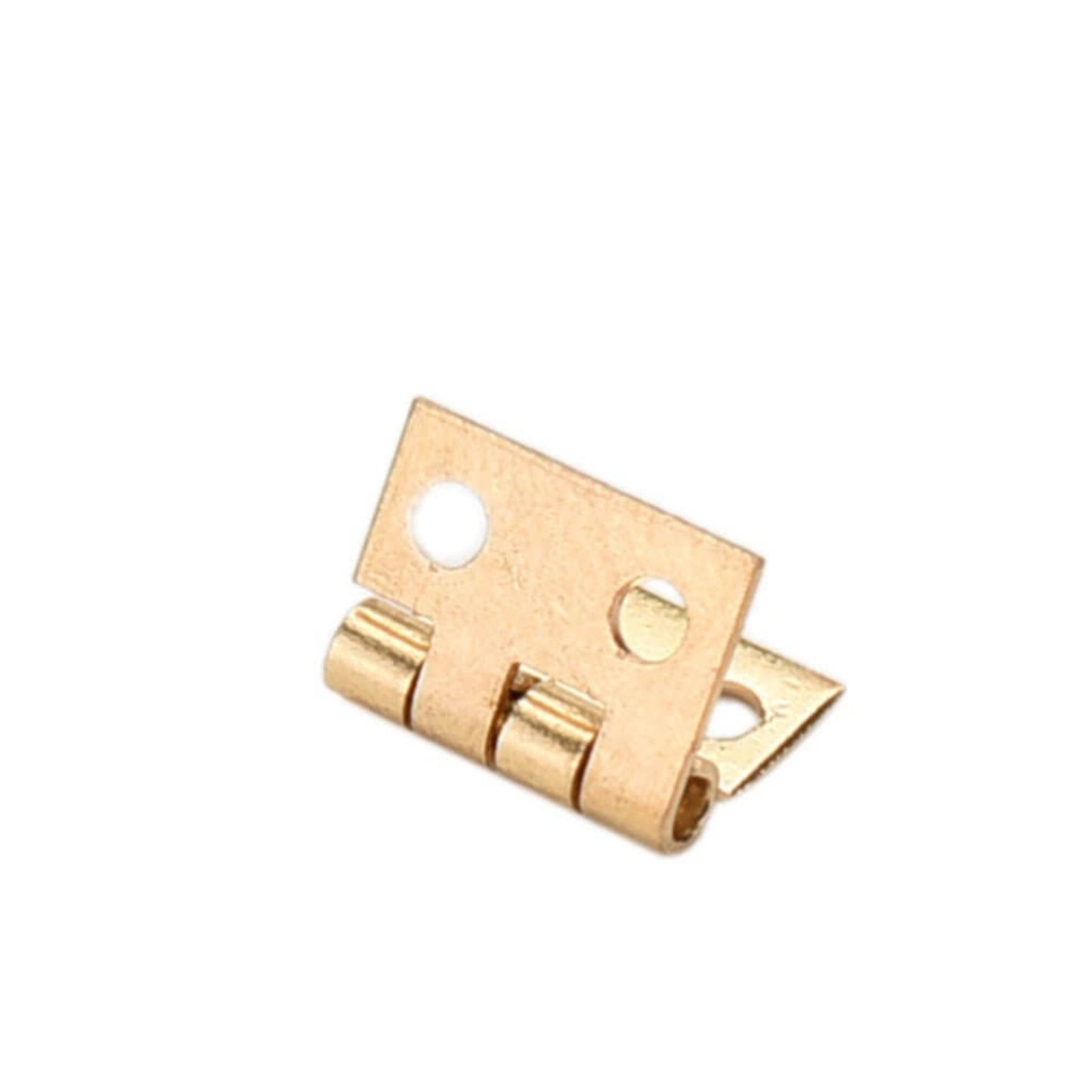 Small decorative gold hinge, partially open, showcasing its delicate craftsmanship, perfect for mini models or jewelry boxes.