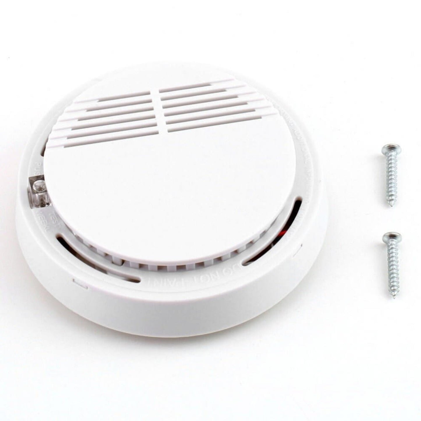 White standalone smoke alarm with two mounting screws, displaying the product and its easy-to-install accessories.