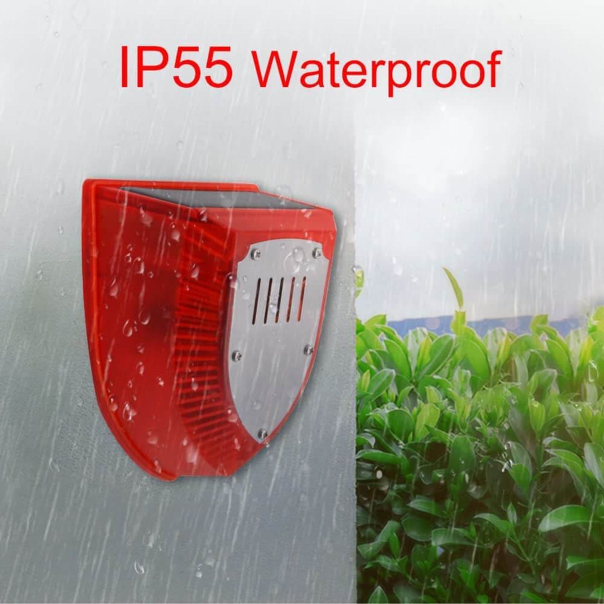 Durable solar alarm lamp with IP55 waterproof rating, suitable for all outdoor weather conditions.