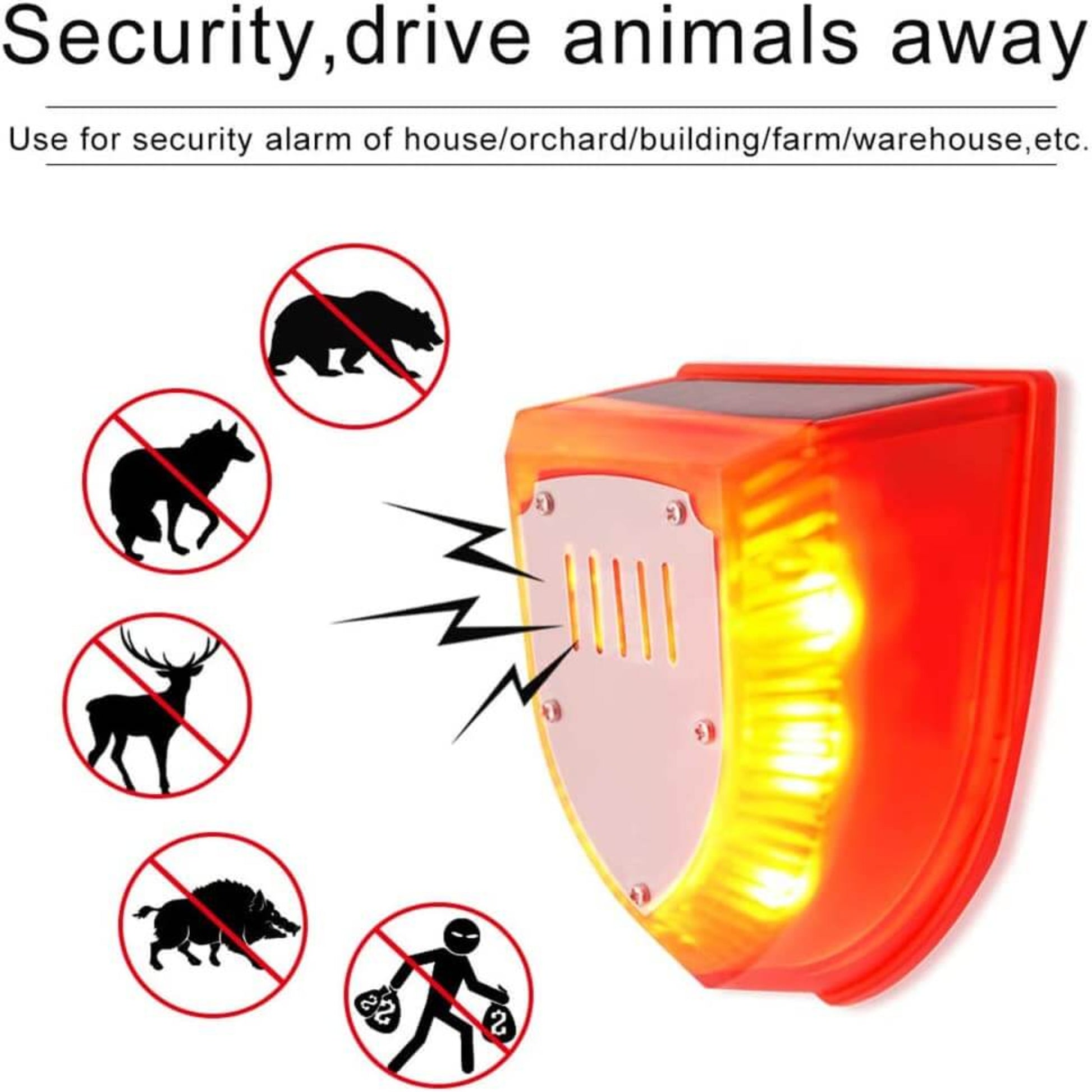 Solar alarm lamp for security, effectively repelling bears, wolves, deer, and boars from properties.