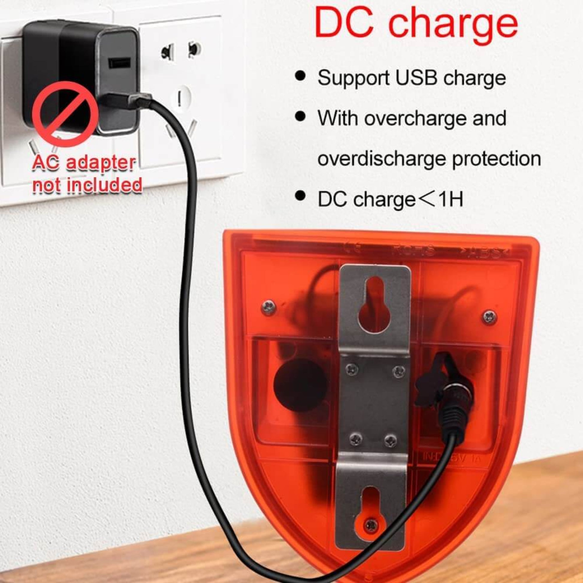 Solar alarm lamp with USB DC charging option for quick power, includes overcharge protection.