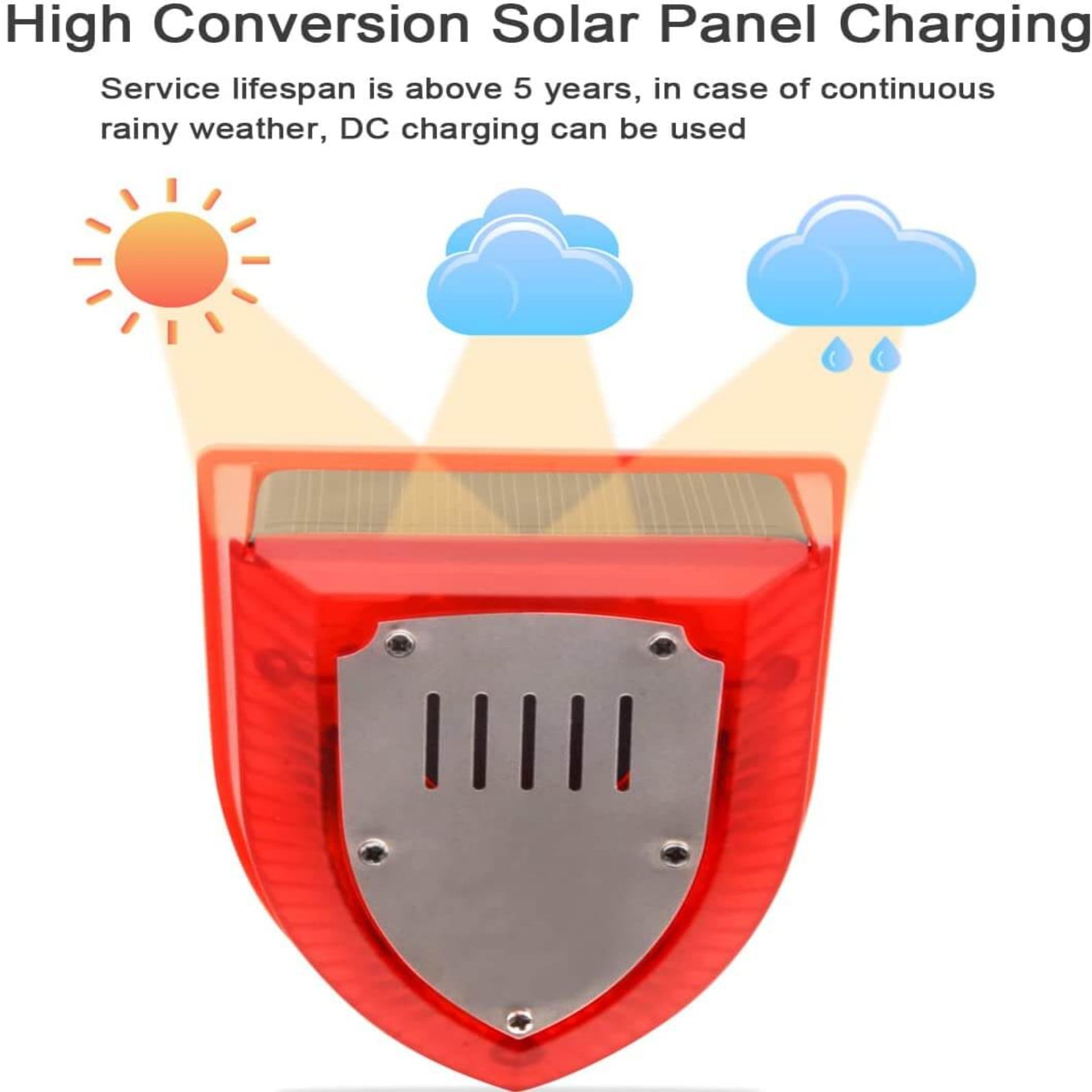 Solar alarm lamp with high conversion solar panel for reliable charging, 5+ year lifespan.