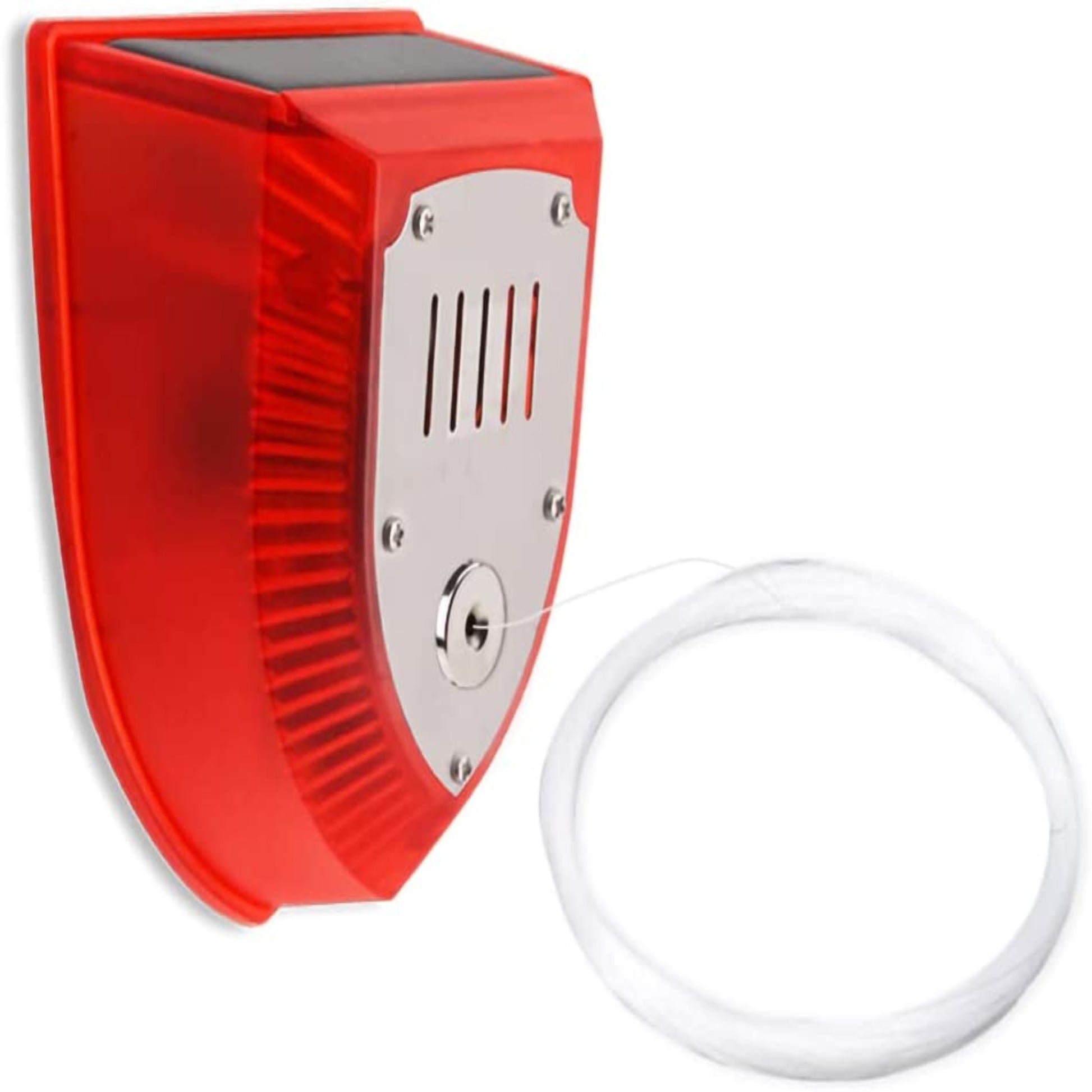 Solar alarm lamp featuring a pull wire and magnet for activation, shown with white trip line.