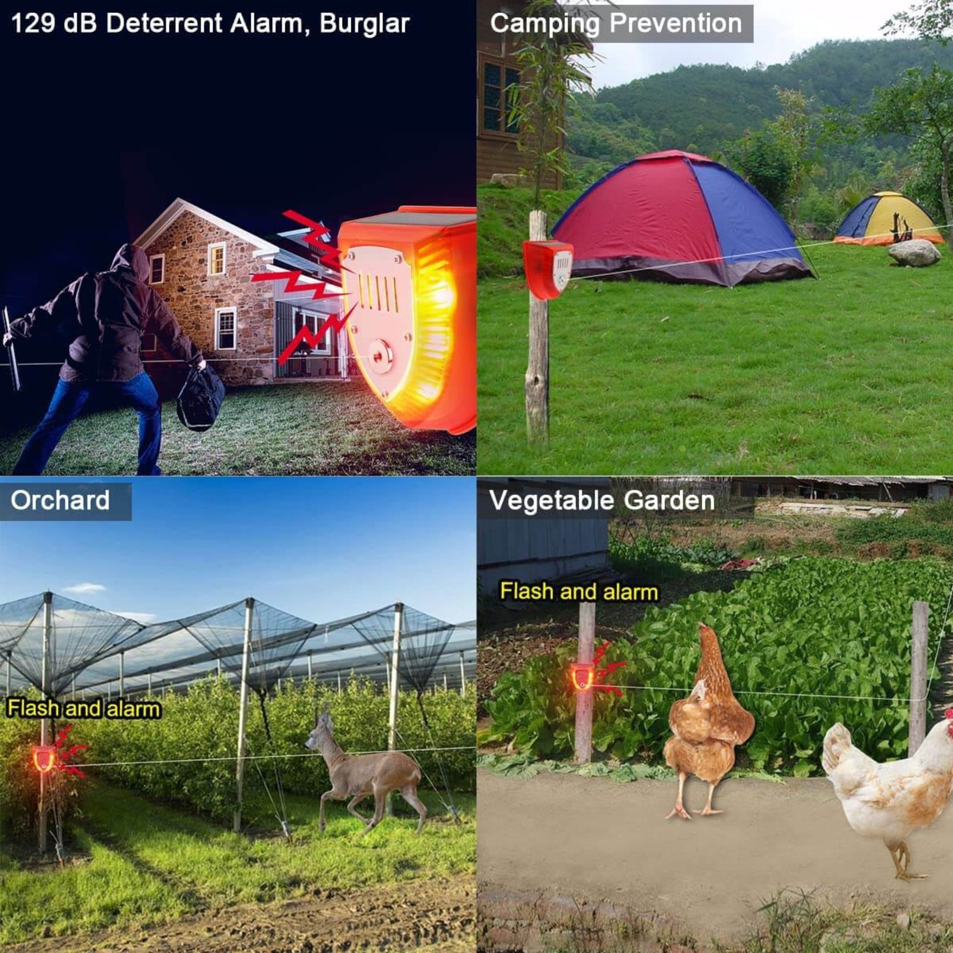 Versatile solar alarm: 129dB burglar deterrent, ideal for camping, orchards, and vegetable gardens.