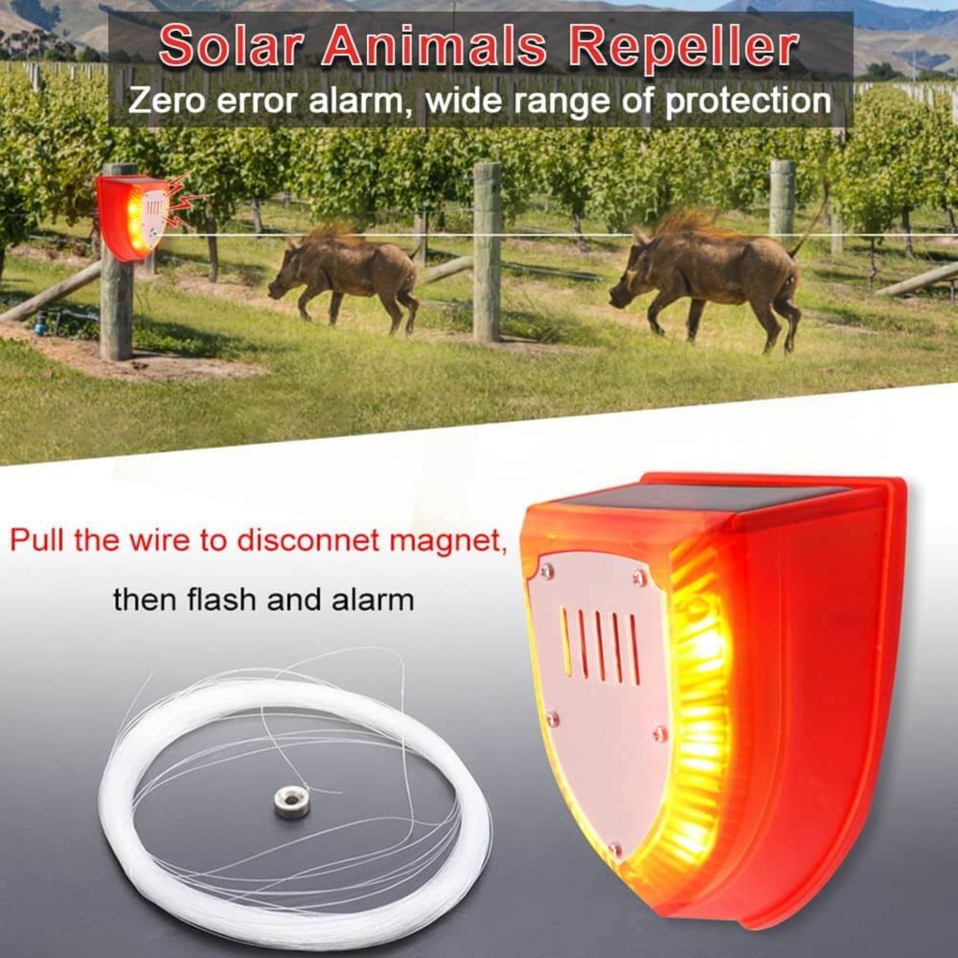 Solar animal repeller with trip wire magnet activation, providing wide range protection against pests.