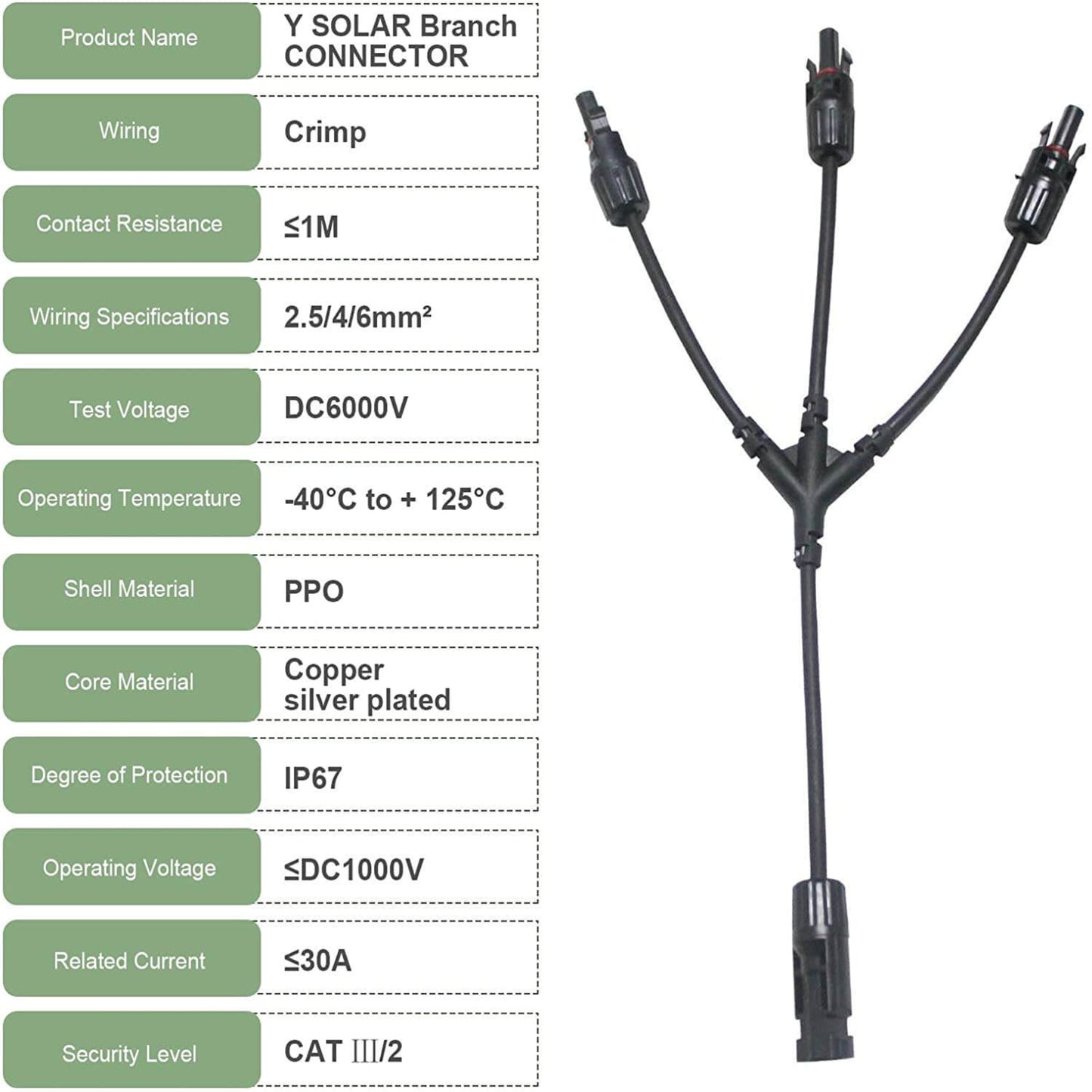 1 對 3 太陽能 Y 型連接器規格圖,DC1000V 30A 高電流負載設計,適合各類 DIY 太陽能供電系統安裝。