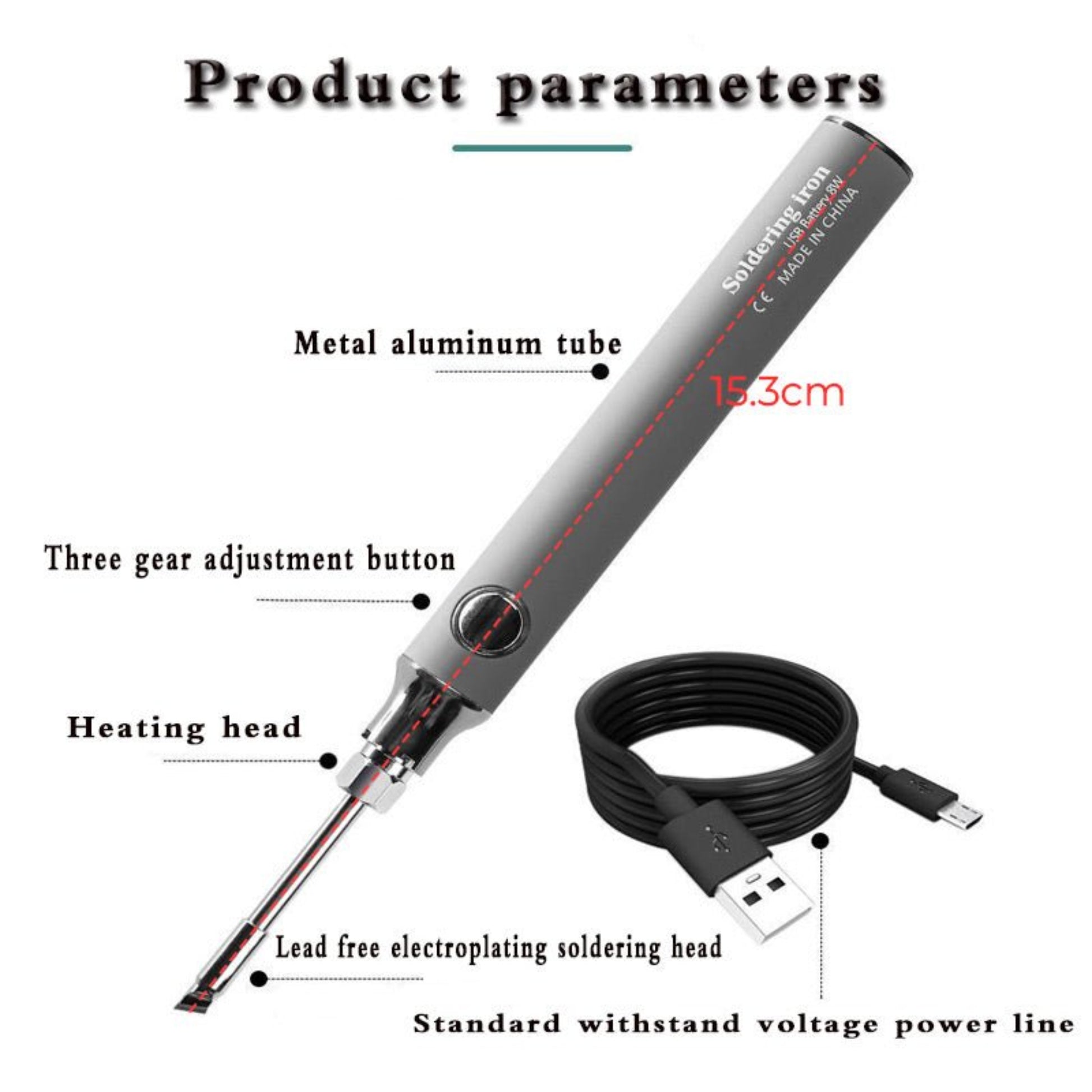 USB charging wireless soldering iron with aluminum tube, three gear adjustment, and lead-free soldering head.