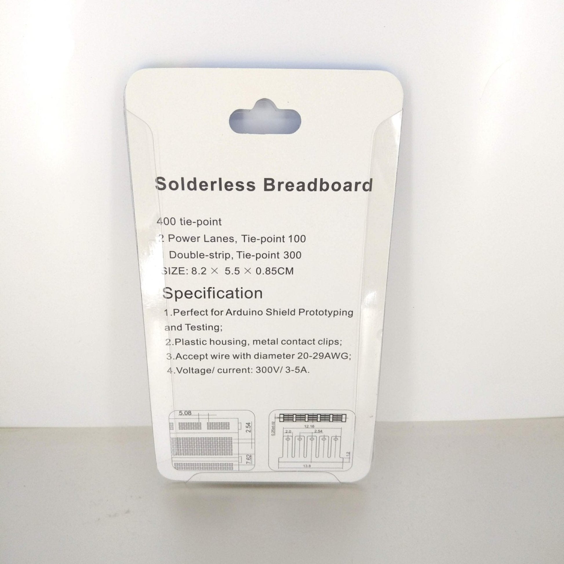 Back of solderless breadboard packaging detailing 400 tie-points, size, and Arduino prototyping specs.